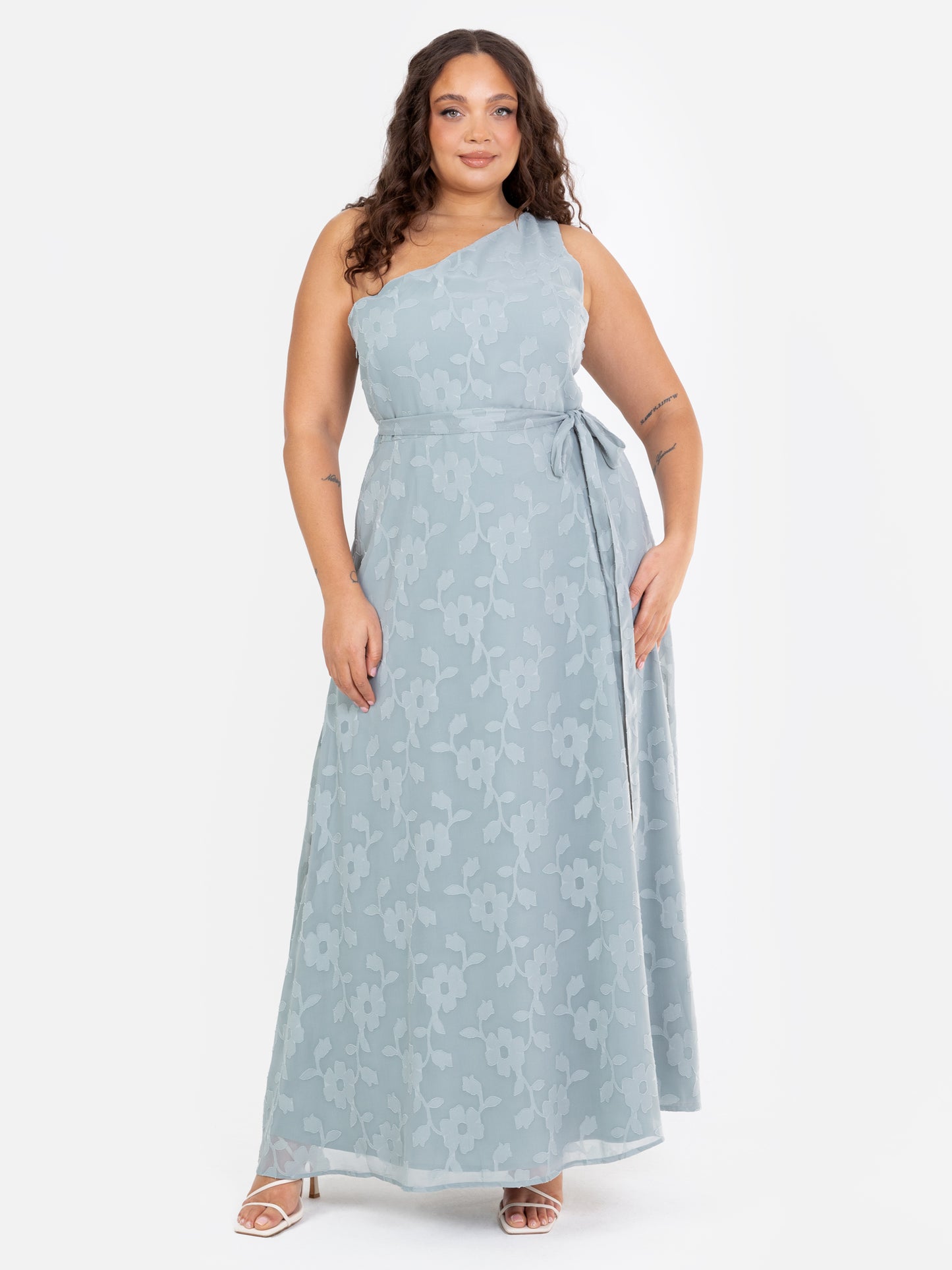 Anaya With Love Recycled Cloud Blue Floral Burnout One Shoulder Maxi Dress