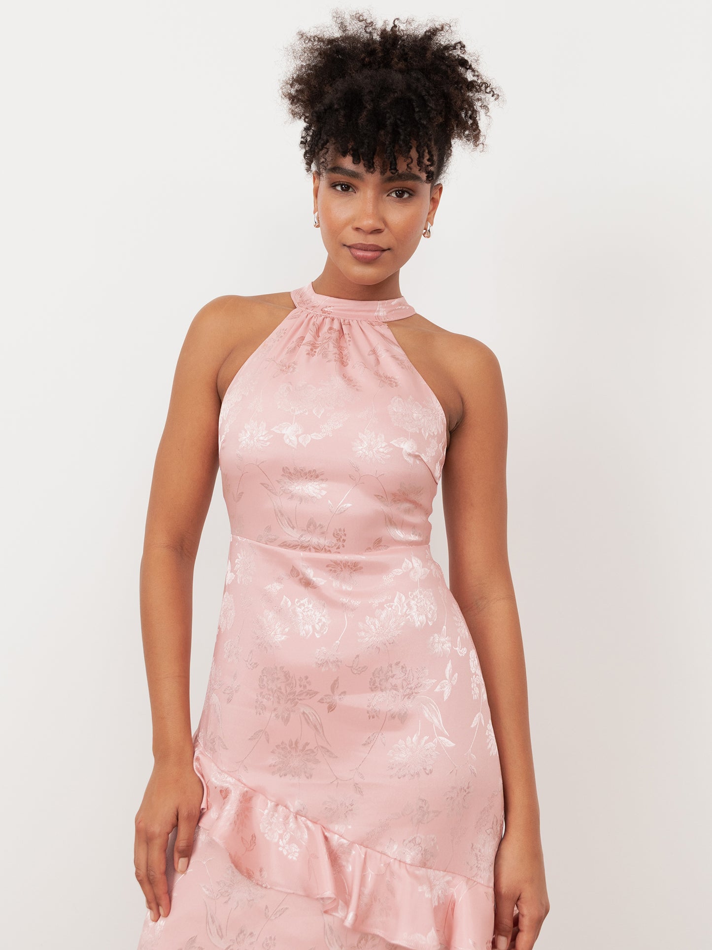 Maya Soft Pink Floral Jacquard Satin Halter Neck Maxi Dress