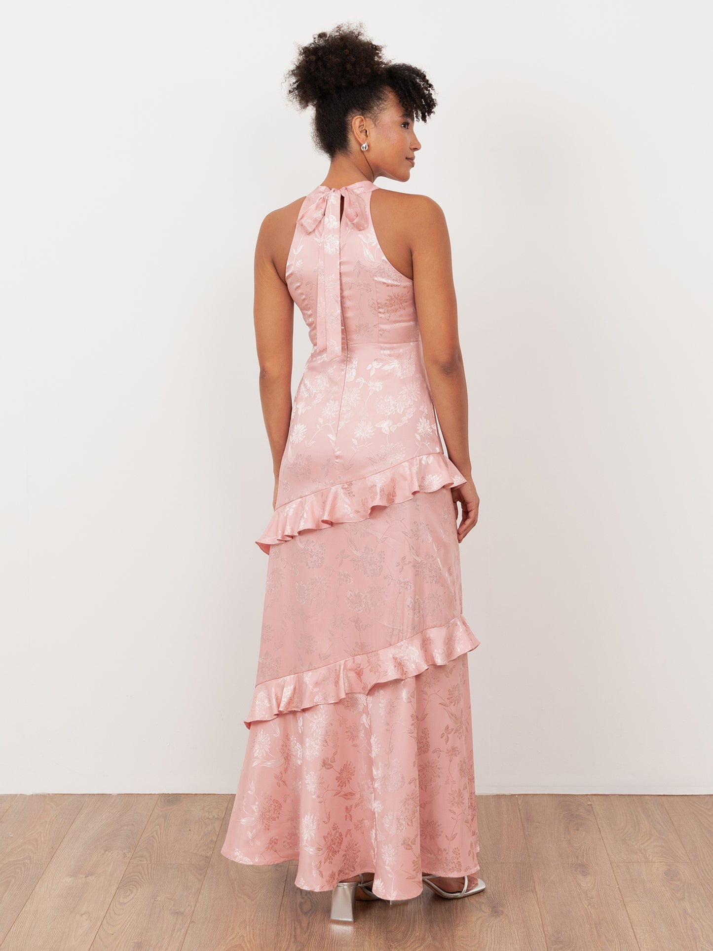 Maya Soft Pink Floral Jacquard Satin Halter Neck Maxi Dress