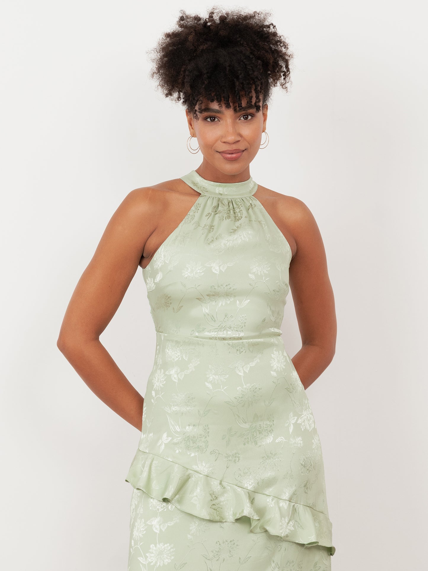 Maya Meadow Green Floral Jacquard Satin Halter Neck Maxi Dress