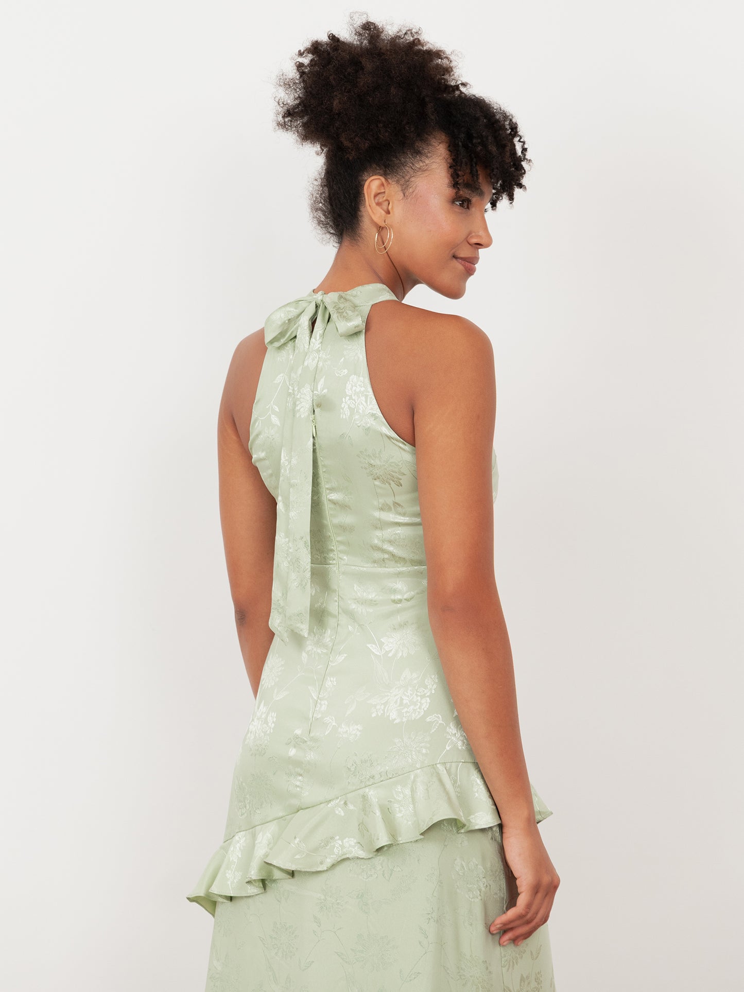 Maya Meadow Green Floral Jacquard Satin Halter Neck Maxi Dress