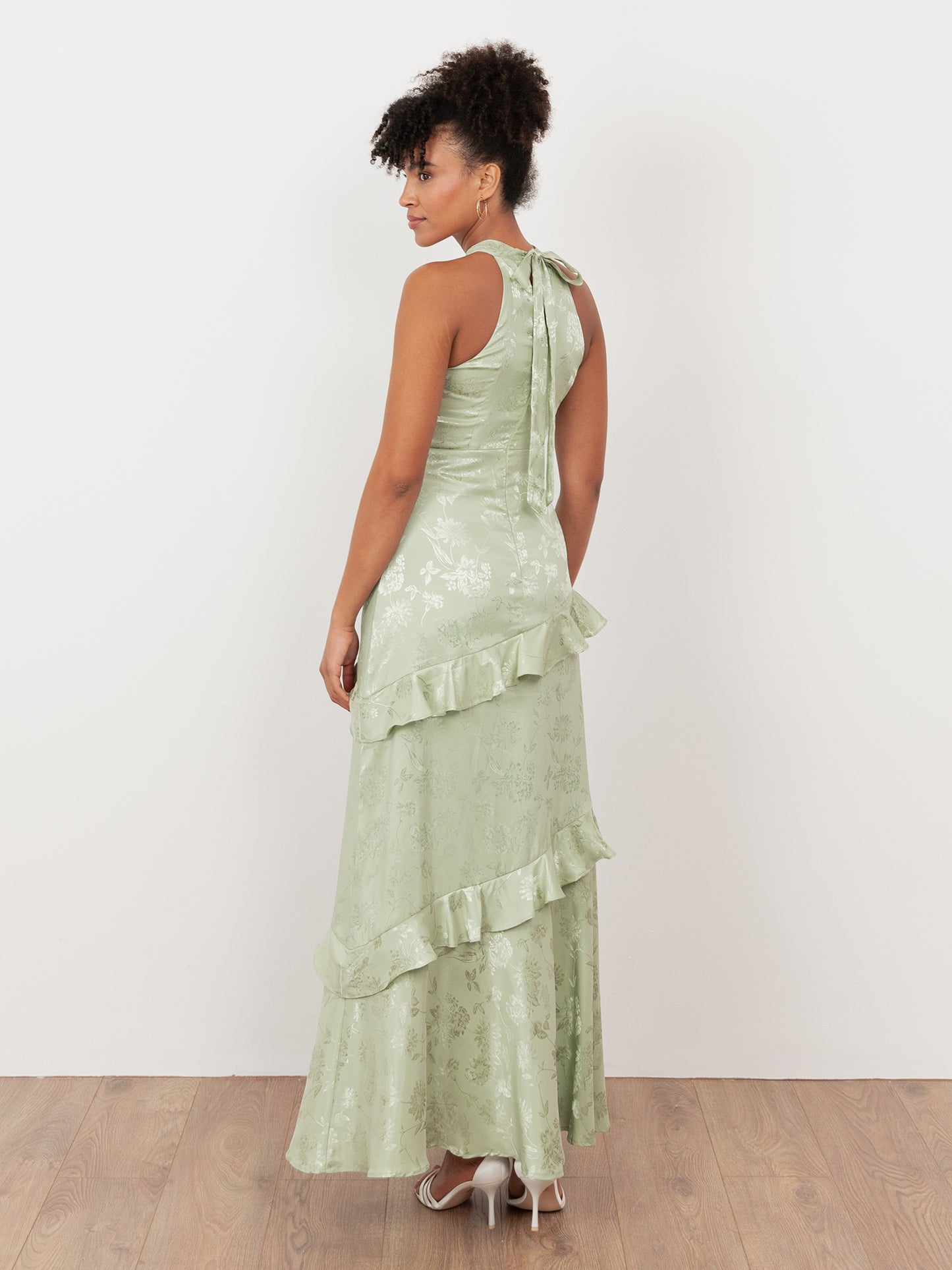 Maya Meadow Green Floral Jacquard Satin Halter Neck Maxi Dress