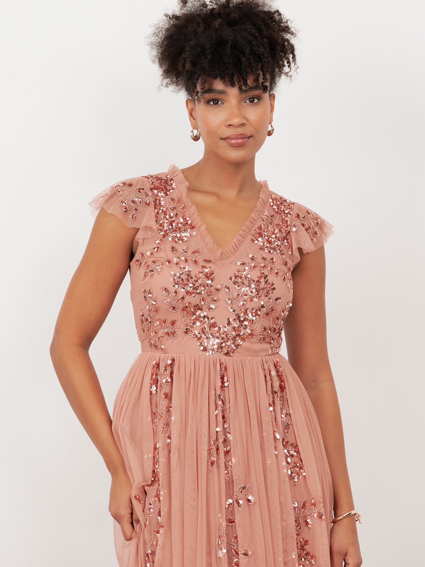 Maya Terracotta Pink Embellished Tulle Maxi Dress with Open Back