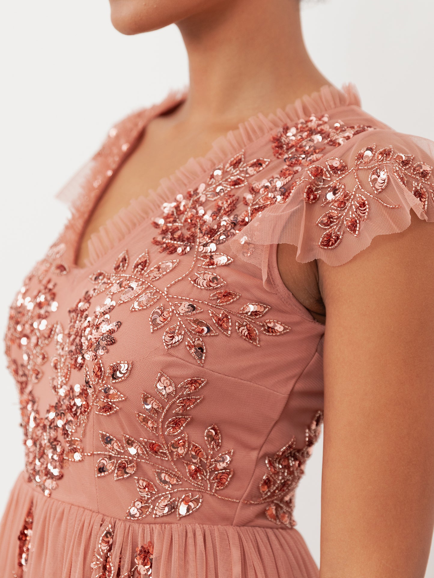 Maya Terracotta Pink Embellished Tulle Maxi Dress with Open Back