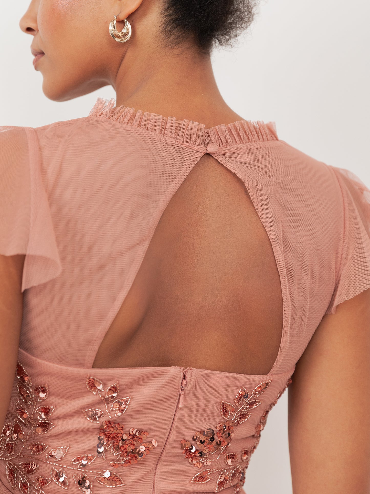 Maya Terracotta Pink Embellished Tulle Maxi Dress with Open Back
