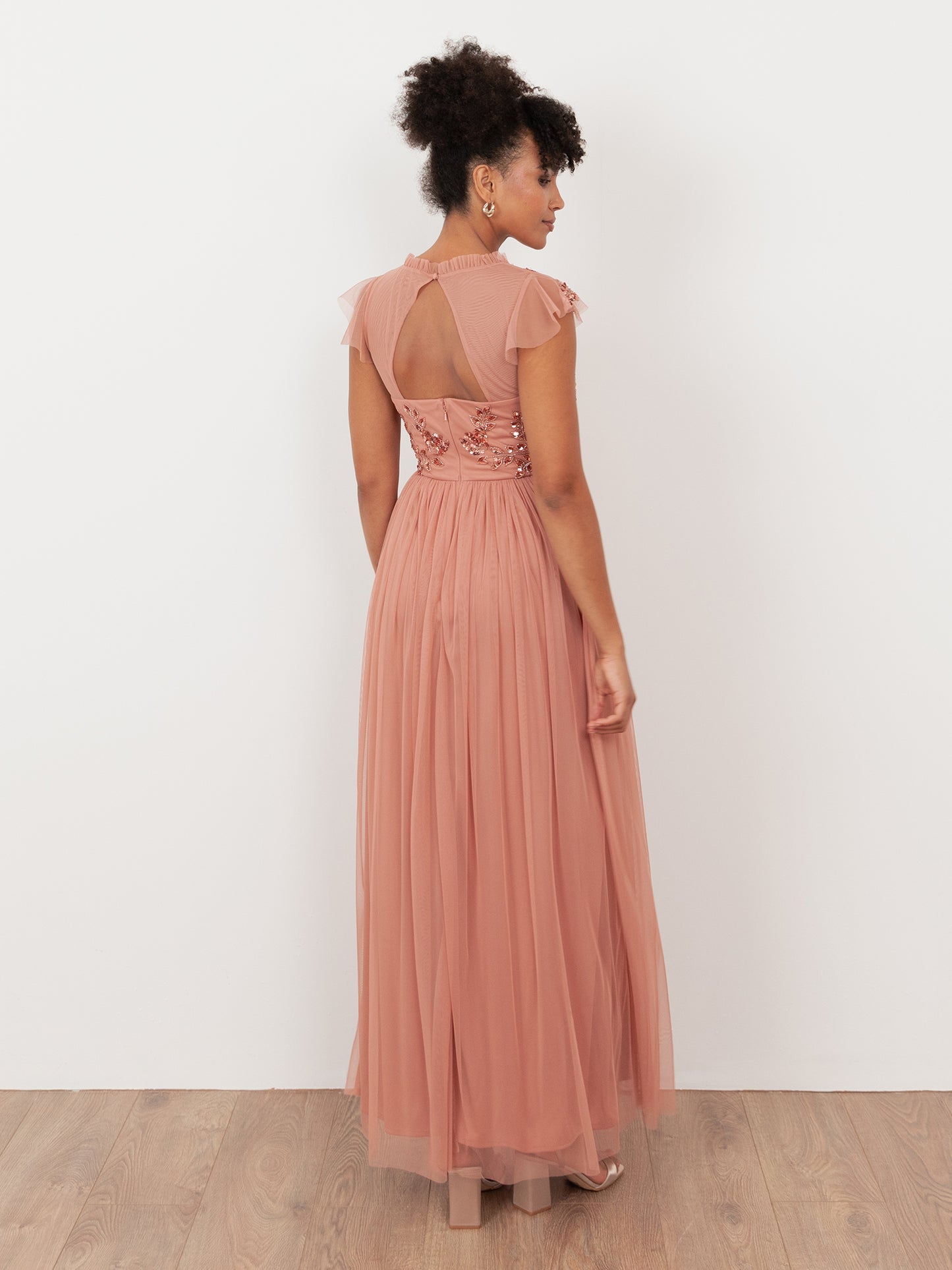 Maya Terracotta Pink Embellished Tulle Maxi Dress with Open Back