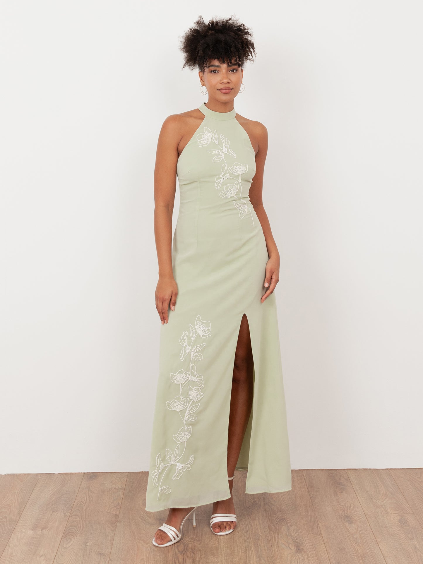 Maya Meadow Green Embroidered Halter Neck & Keyhole Back Maxi Dress