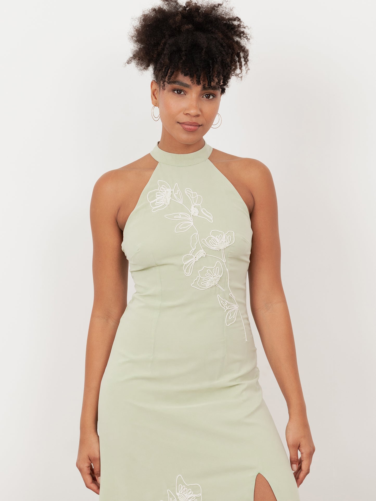 Maya Meadow Green Embroidered Halter Neck & Keyhole Back Maxi Dress