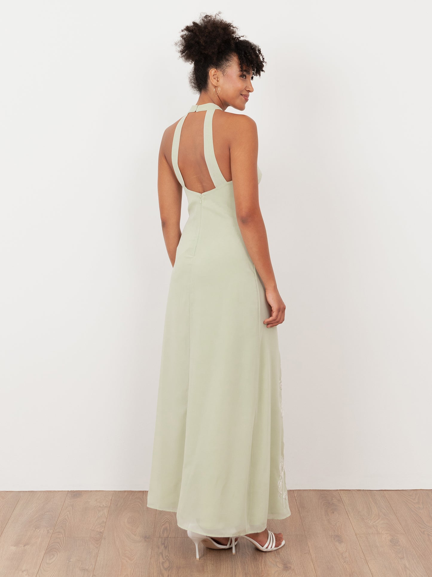 Maya Meadow Green Embroidered Halter Neck & Keyhole Back Maxi Dress