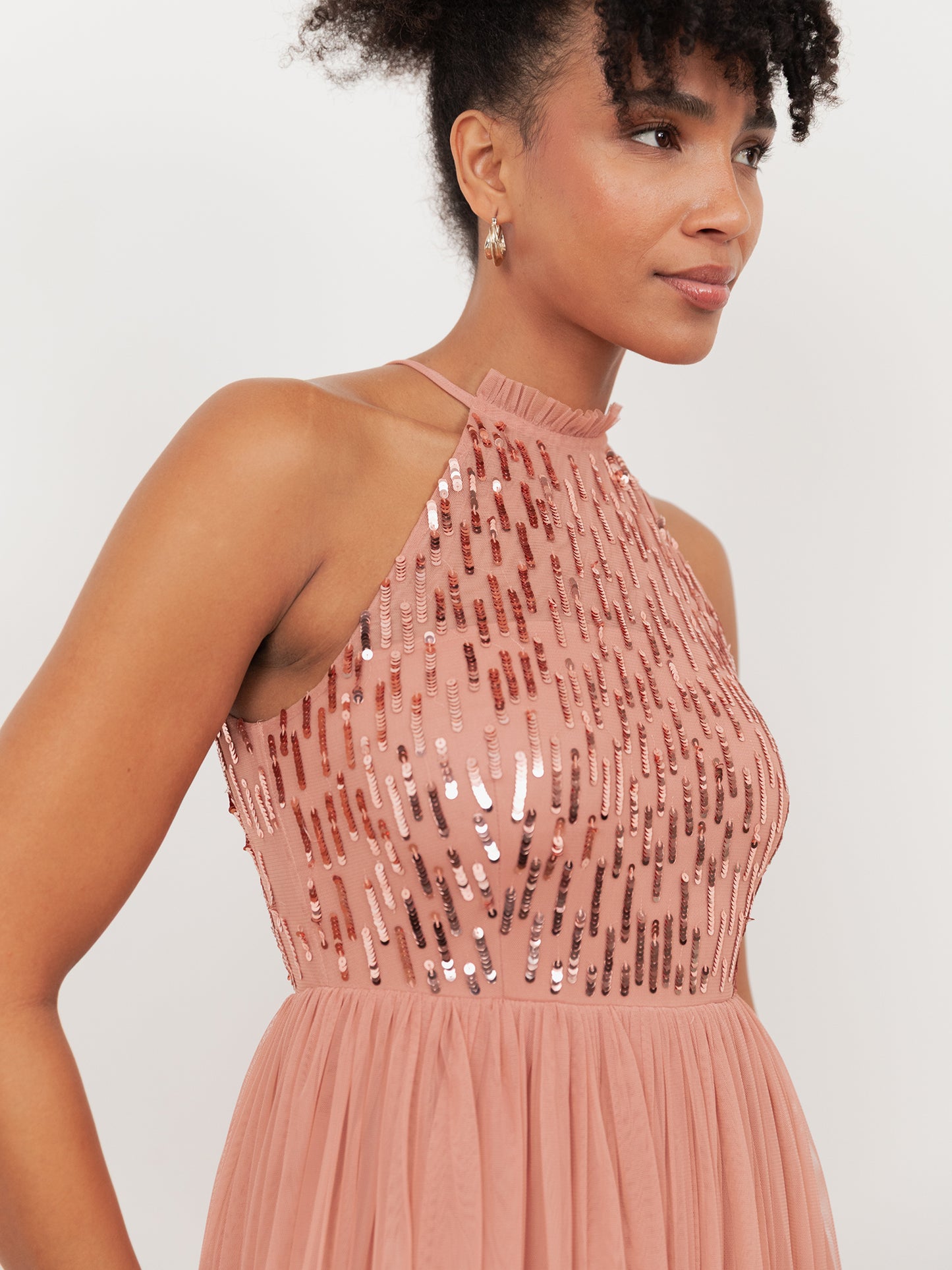 Maya Terracotta Pink Linear Embellished Halter Neck Maxi Dress