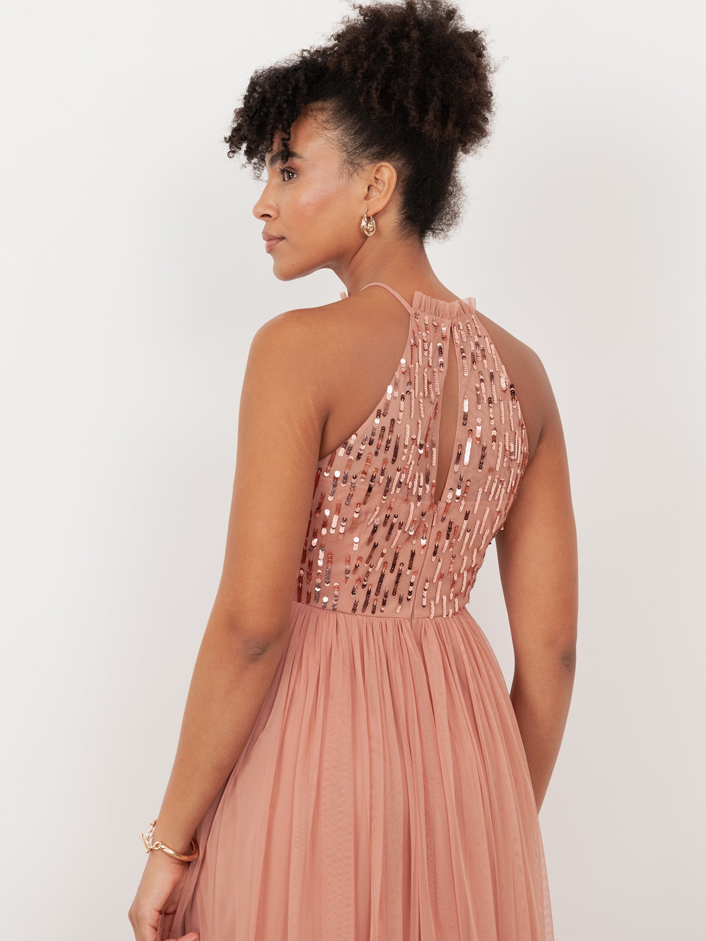 Maya Terracotta Pink Linear Embellished Halter Neck Maxi Dress