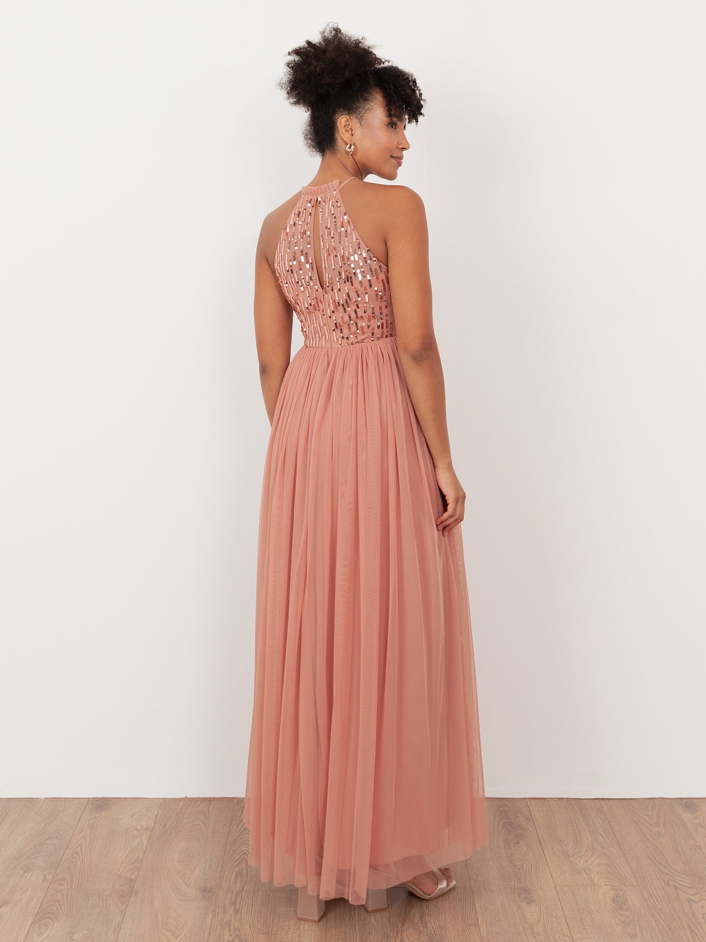 Maya Terracotta Pink Linear Embellished Halter Neck Maxi Dress