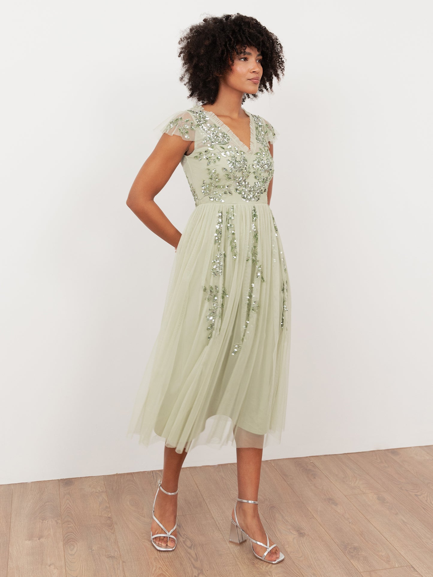 Maya Meadow Green Embellished Tulle Midi Dress with Open Back