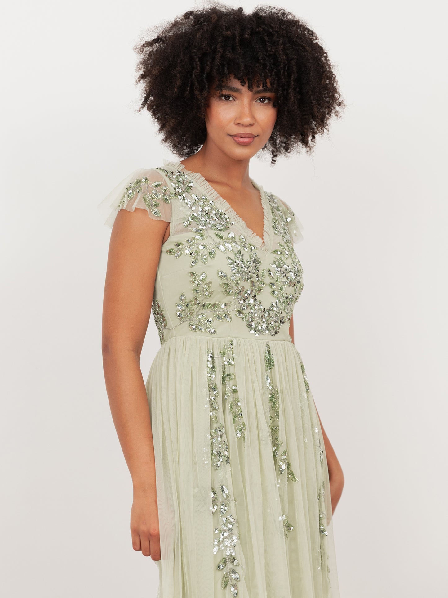 Maya Meadow Green Embellished Tulle Midi Dress with Open Back