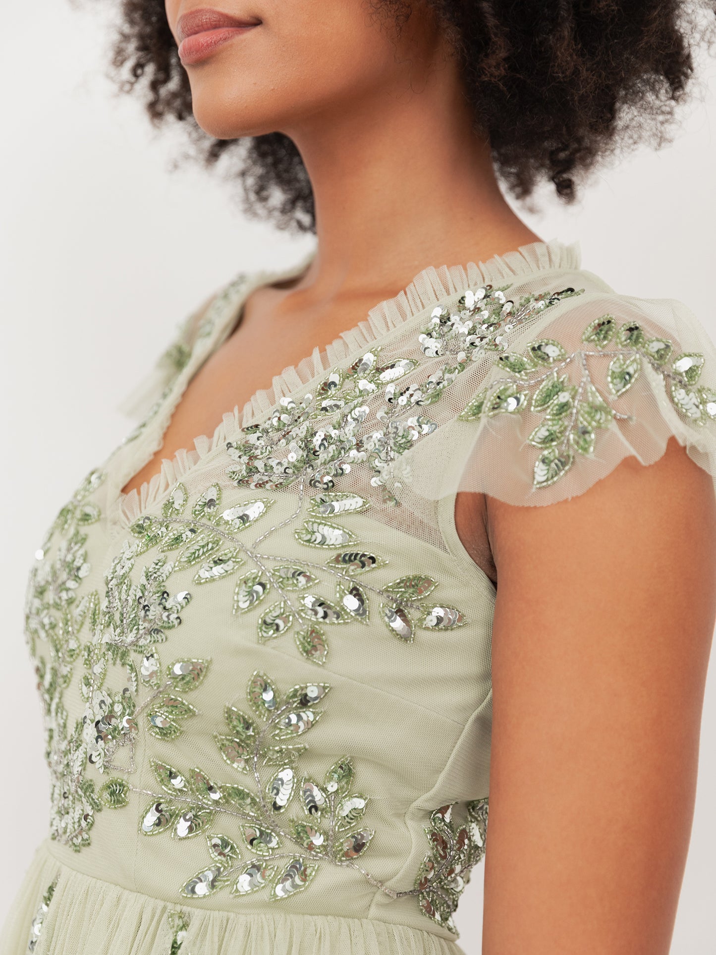 Maya Meadow Green Embellished Tulle Midi Dress with Open Back