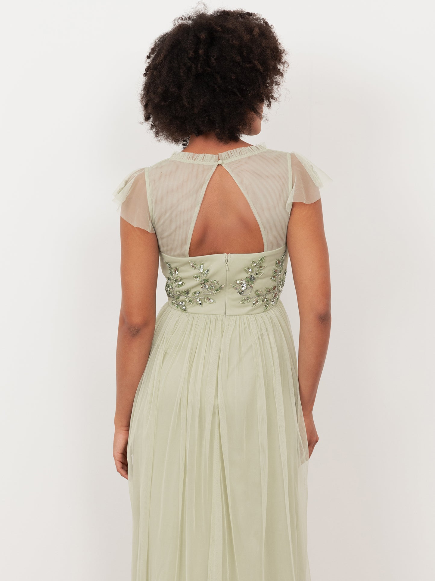 Maya Meadow Green Embellished Tulle Midi Dress with Open Back