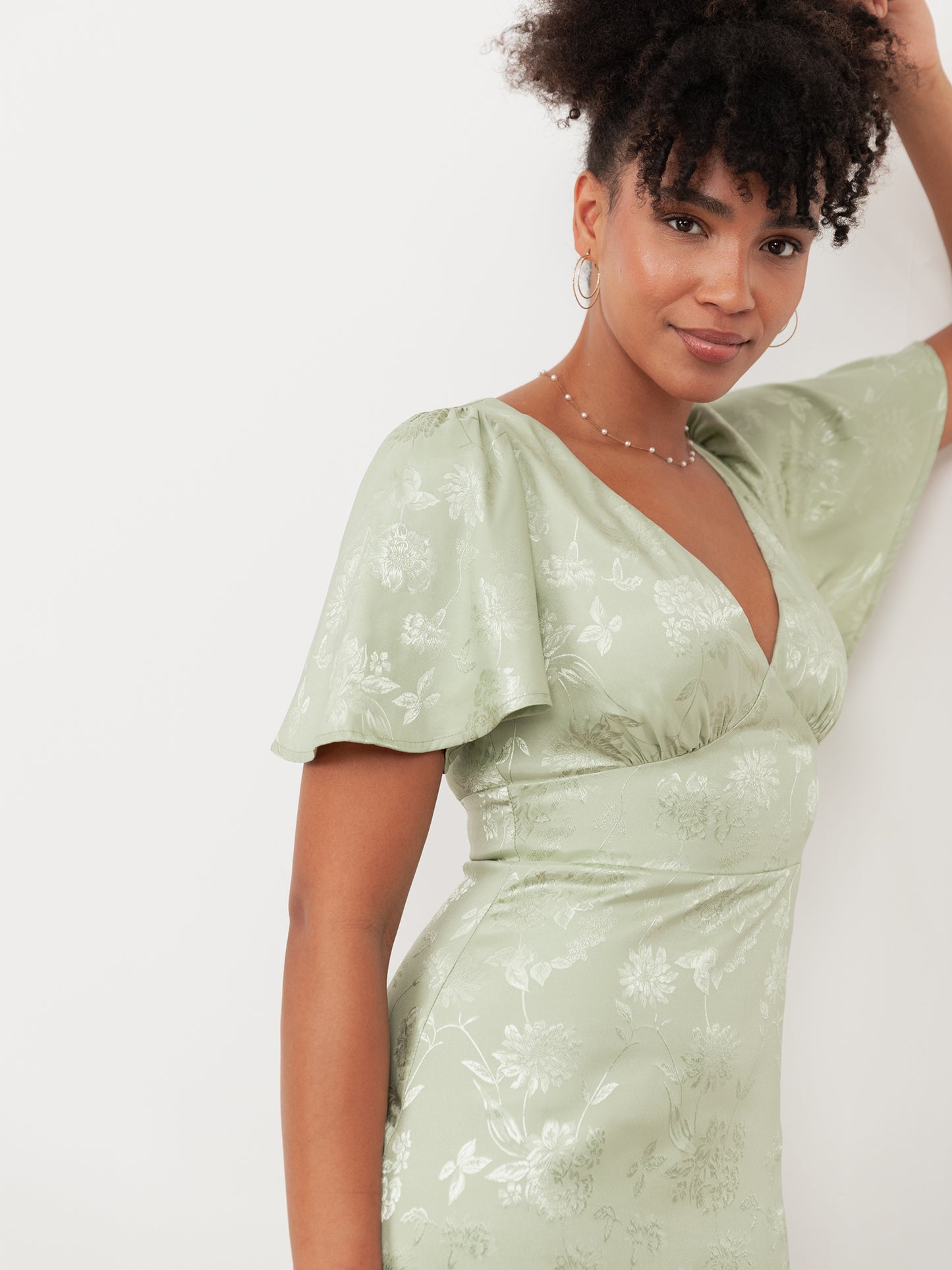 Maya Meadow Green Floral Jacquard Satin Maxi Dress