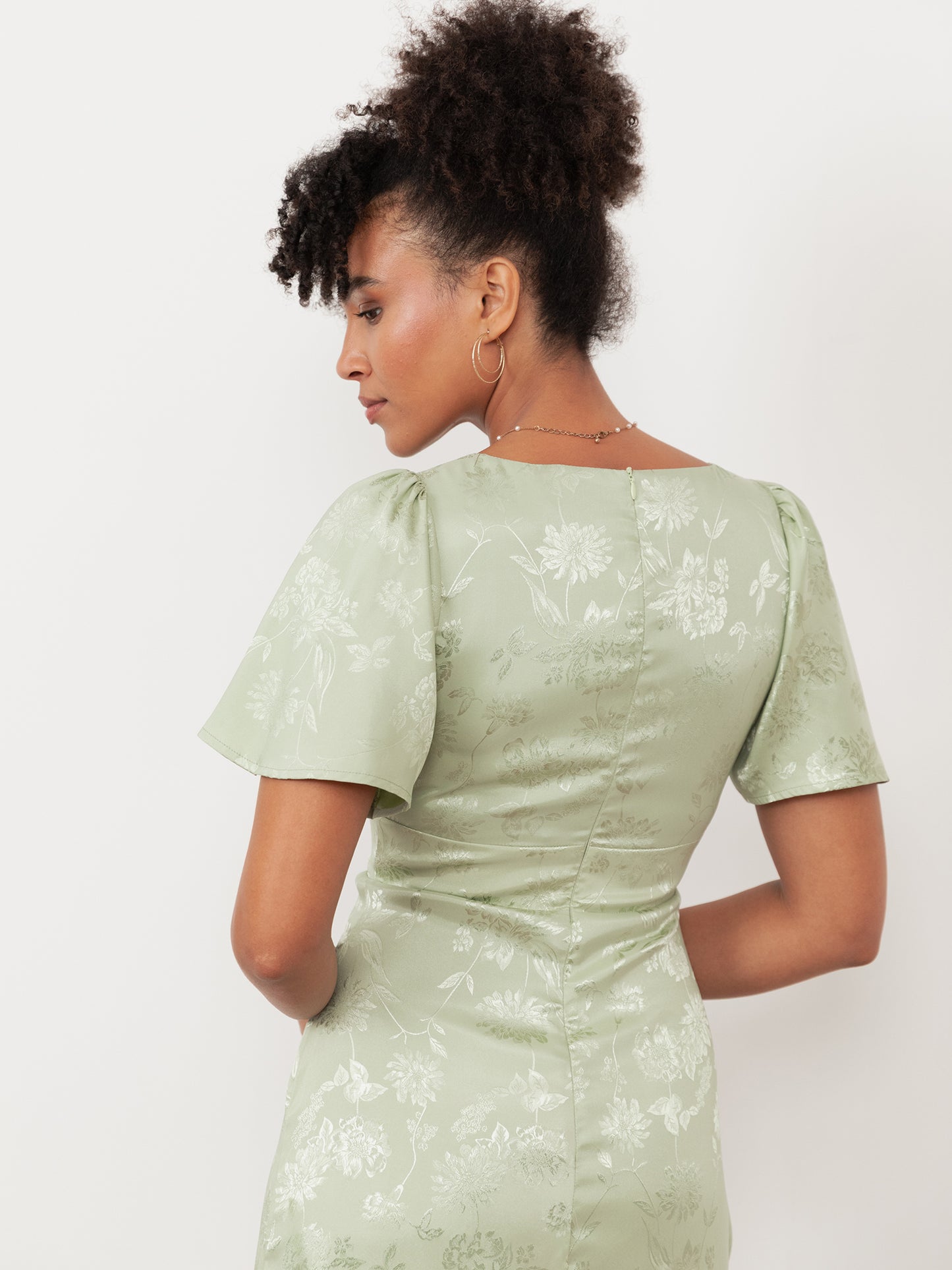 Maya Meadow Green Floral Jacquard Satin Maxi Dress