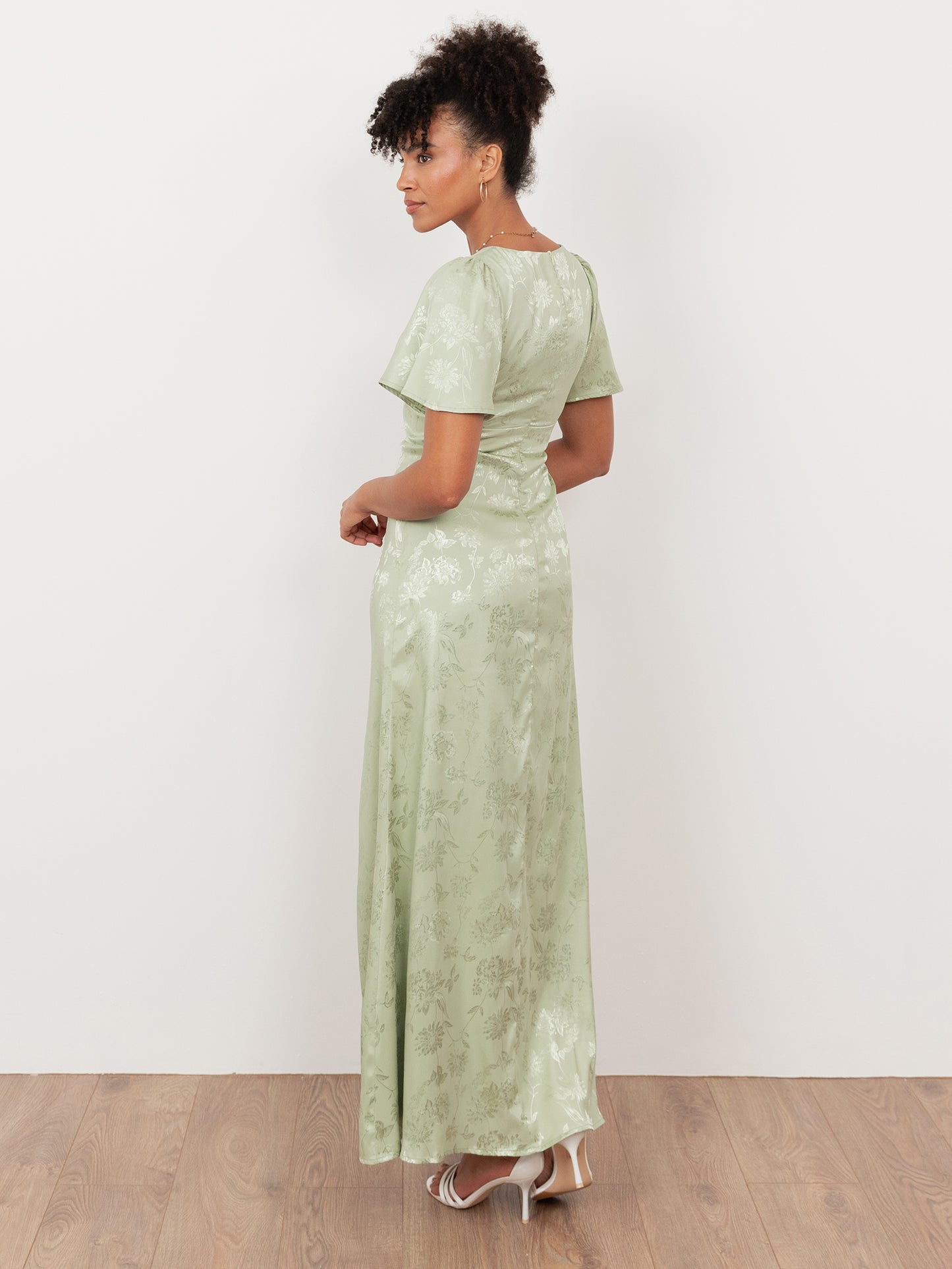 Maya Meadow Green Floral Jacquard Satin Maxi Dress