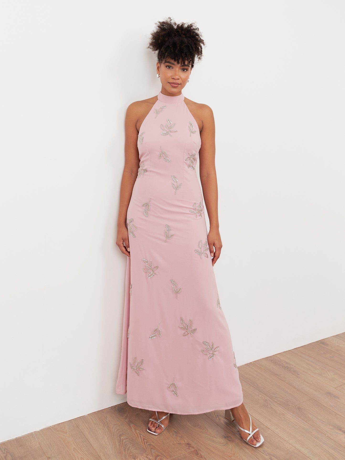 Maya Soft Pink Embellished Halter Neck & Open Back Maxi Dress