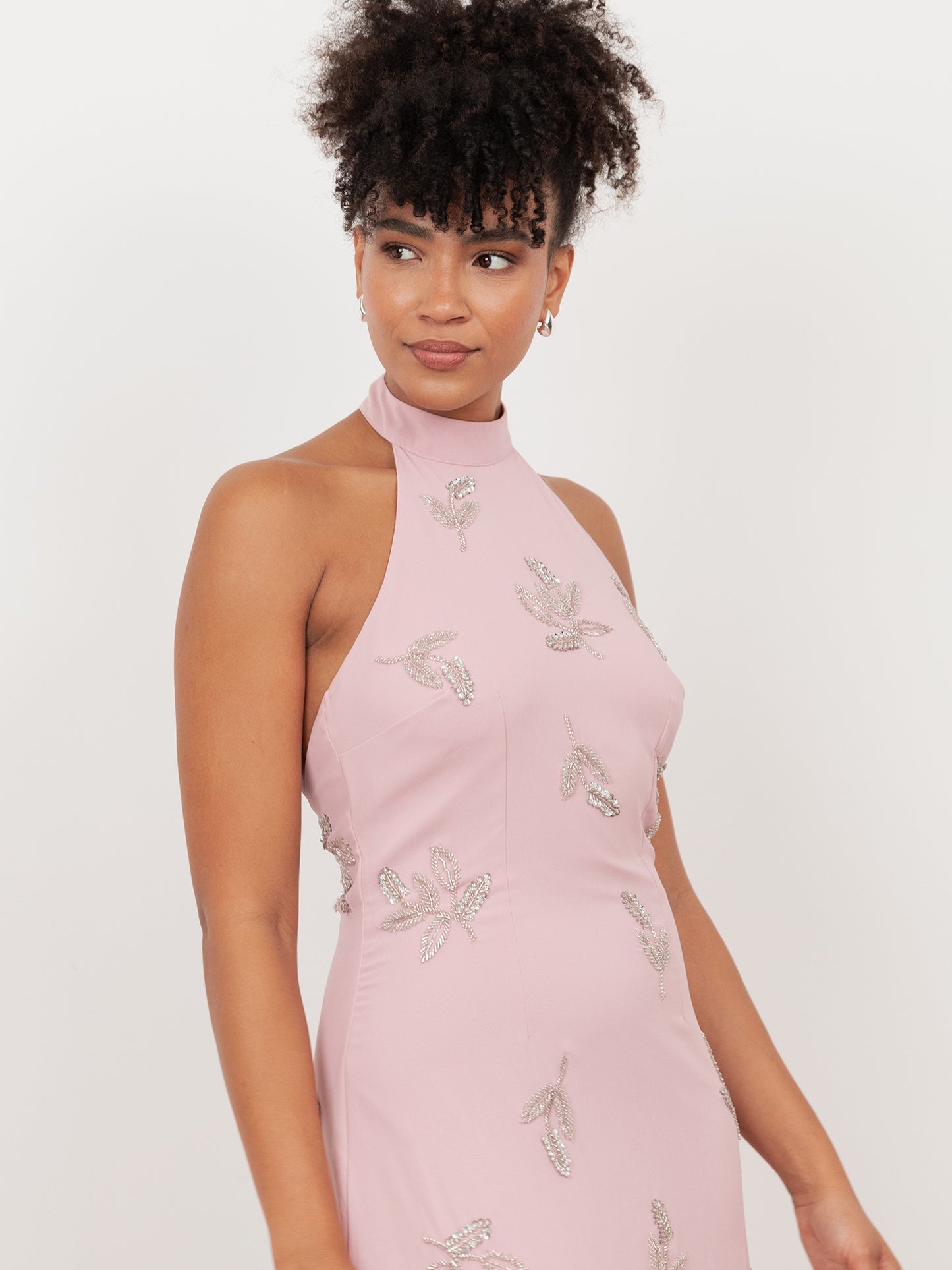 Maya Soft Pink Embellished Halter Neck & Open Back Maxi Dress