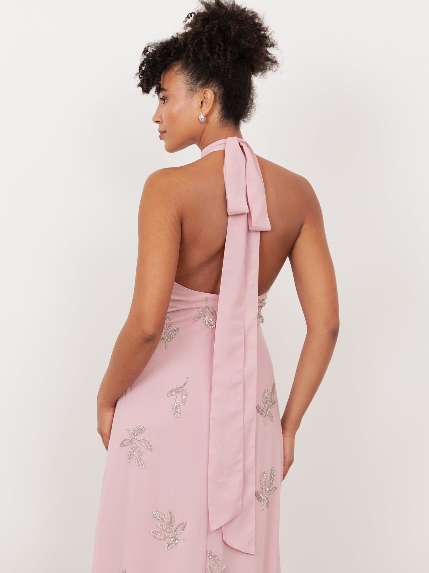 Maya Soft Pink Embellished Halter Neck & Open Back Maxi Dress