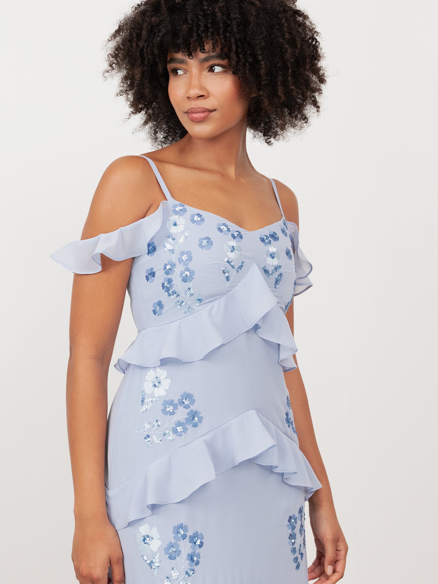 Maya Pastel Blue Floral Embroidered Cold Shoulder Maxi Dress