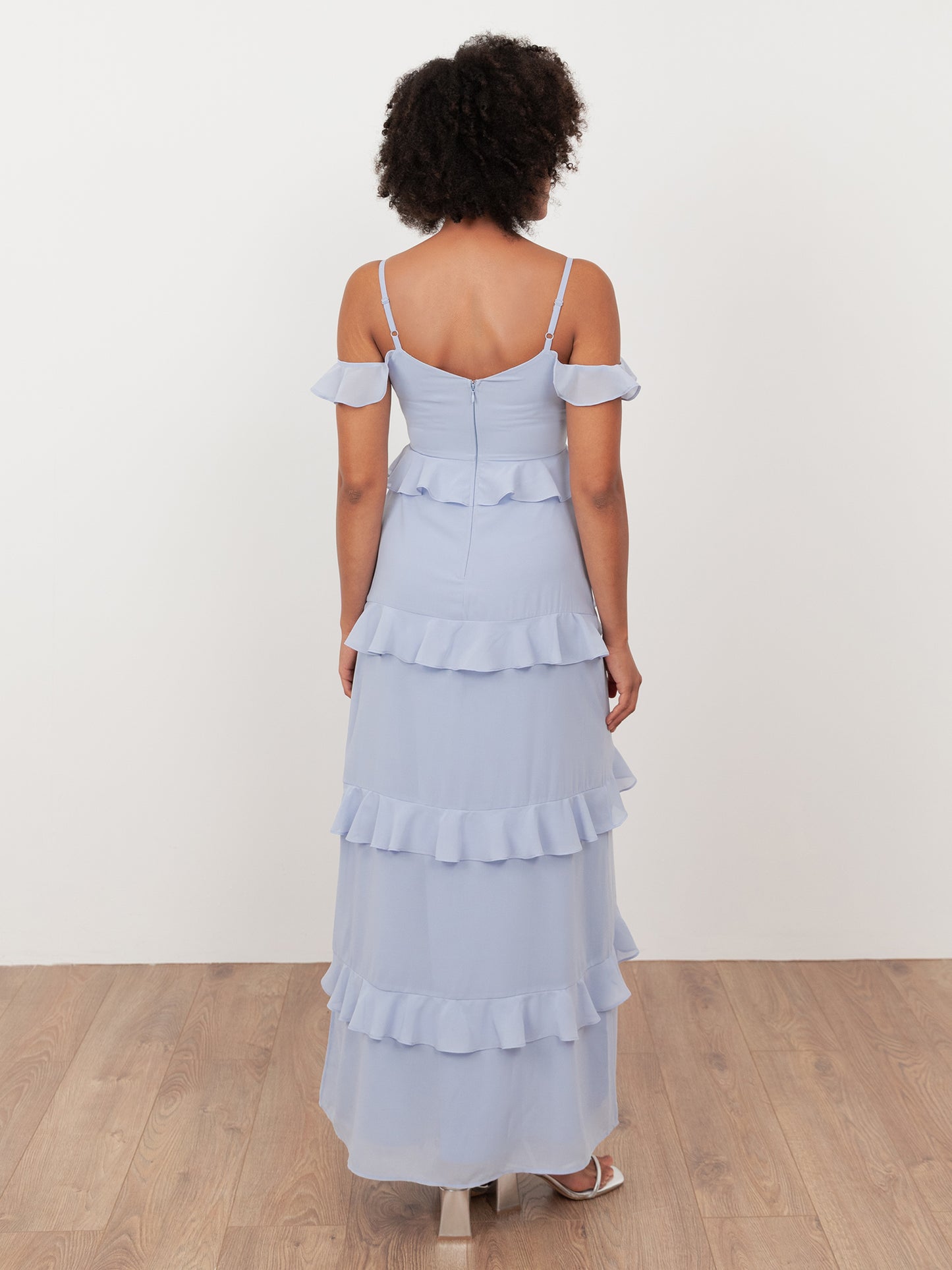 Maya Pastel Blue Floral Embroidered Cold Shoulder Maxi Dress