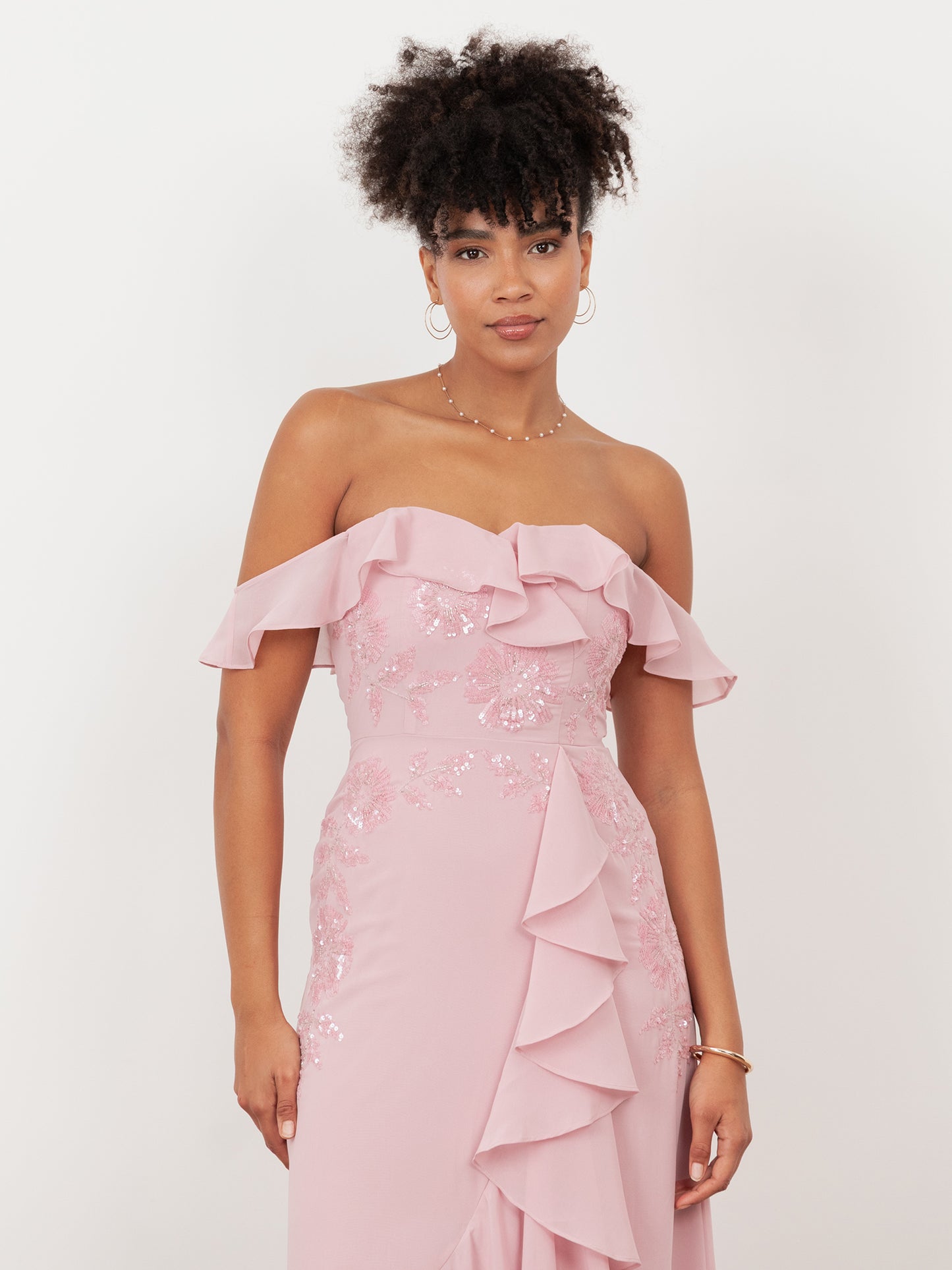 Maya Soft Pink Embellished Faux Wrap Bardot Midaxi Dress