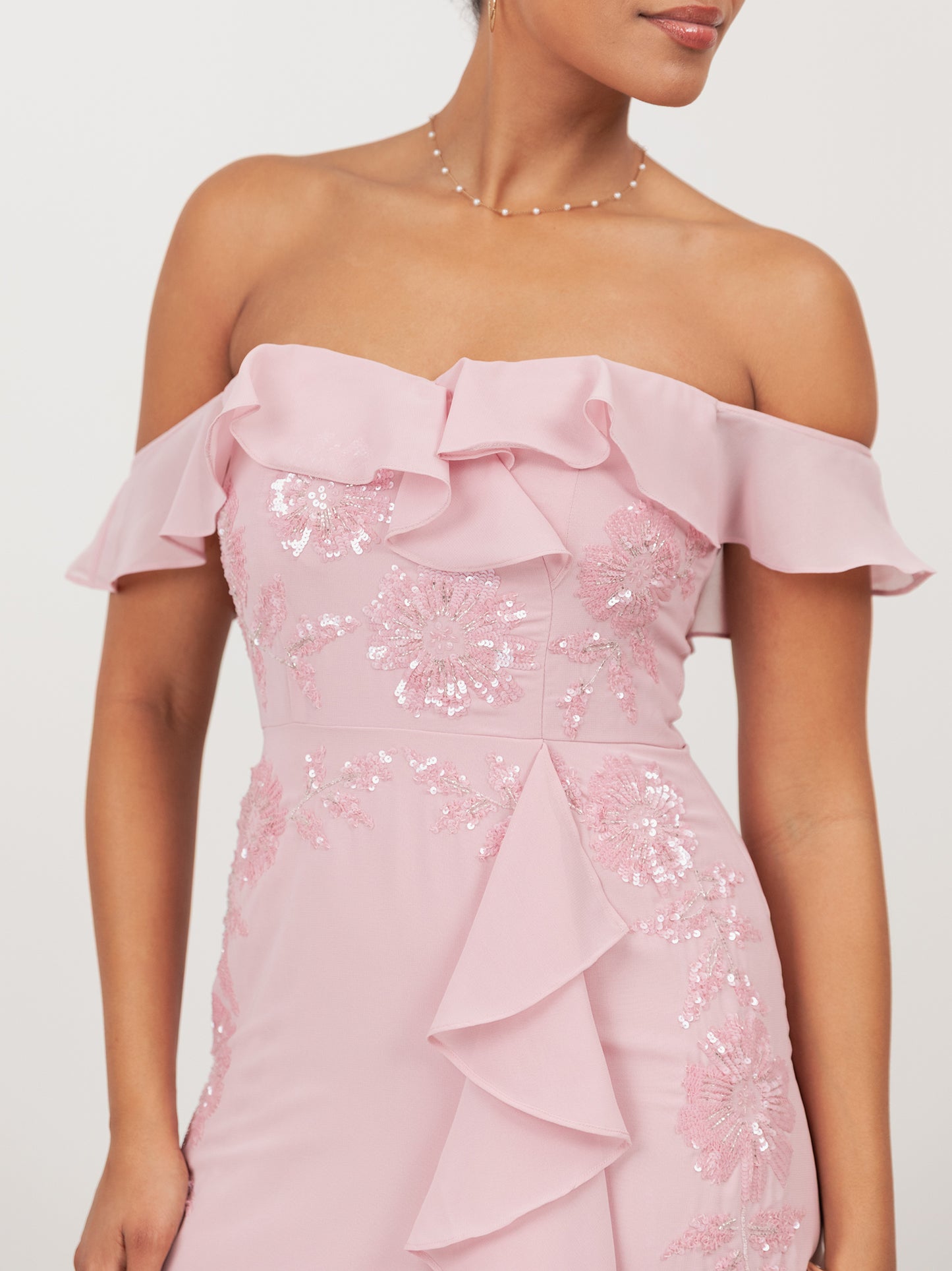 Maya Soft Pink Embellished Faux Wrap Bardot Midaxi Dress