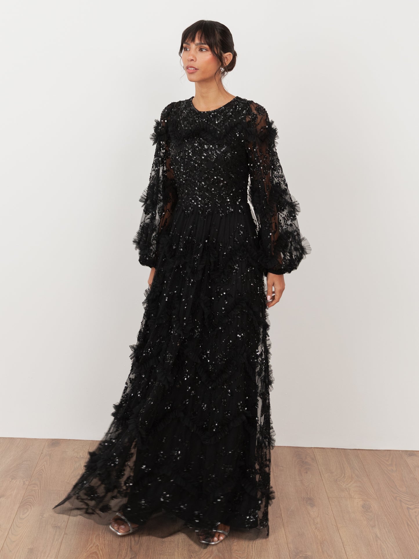 Maya Black Embellished Blouson Sleeve Maxi Dress