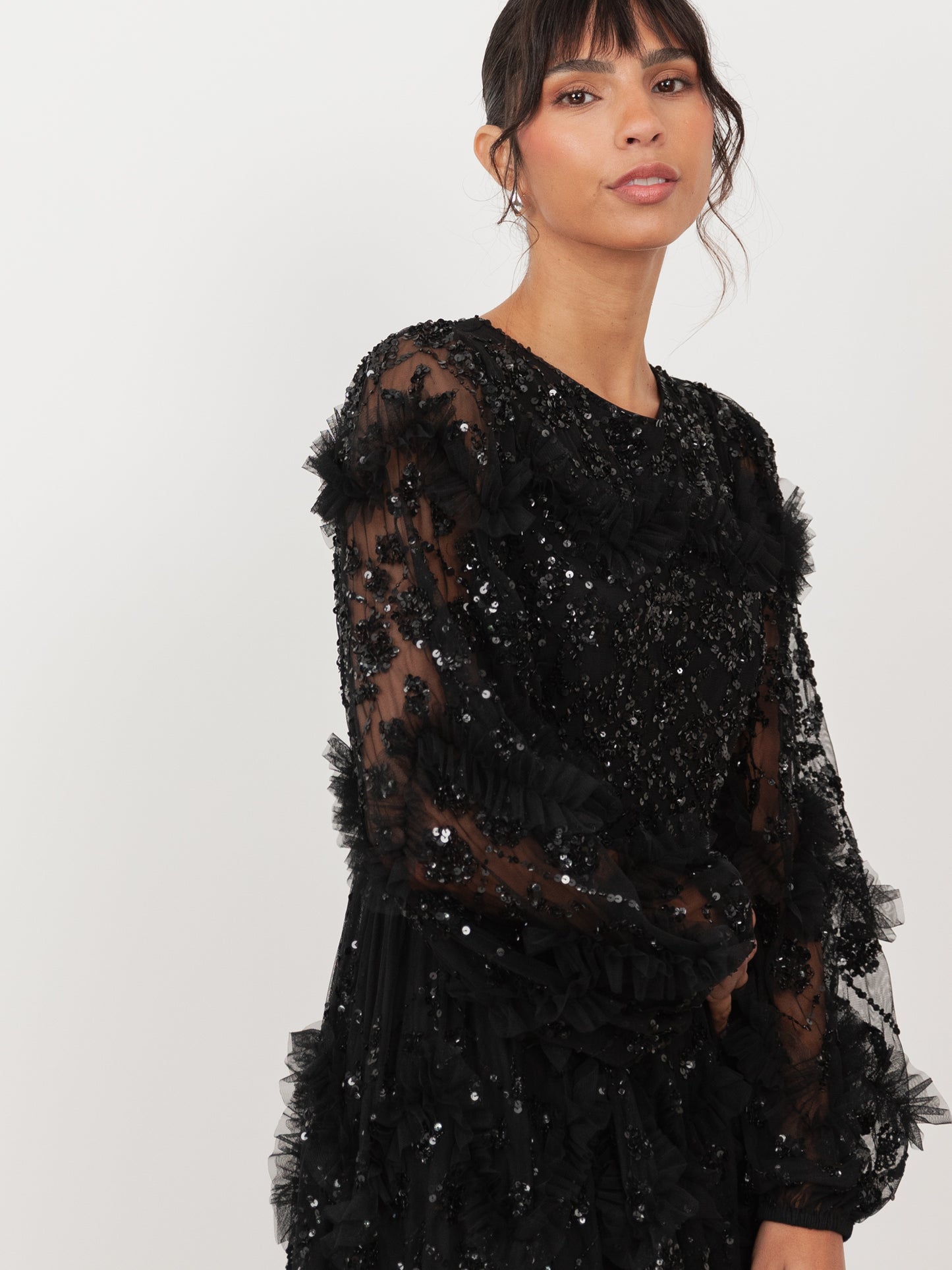 Maya Black Embellished Blouson Sleeve Maxi Dress