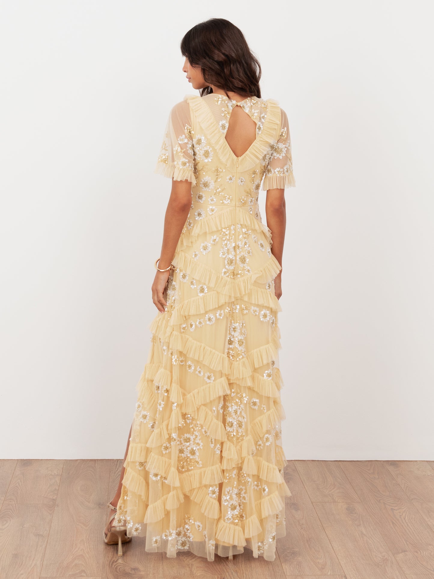 Maya Buttercream Embellished Angel Sleeve Ruffled Maxi Dress