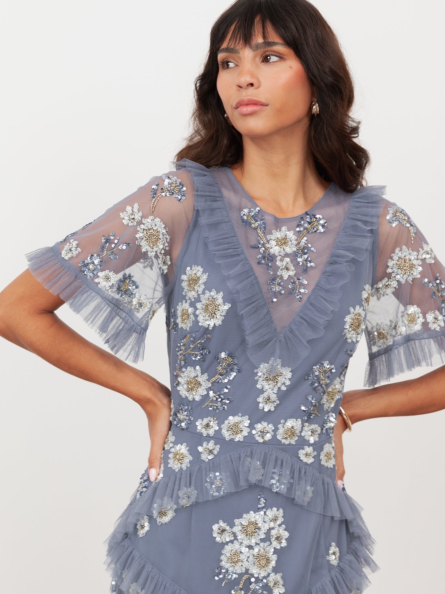 Maya Infinity Blue Embellished Angel Sleeve Ruffled Maxi Dress