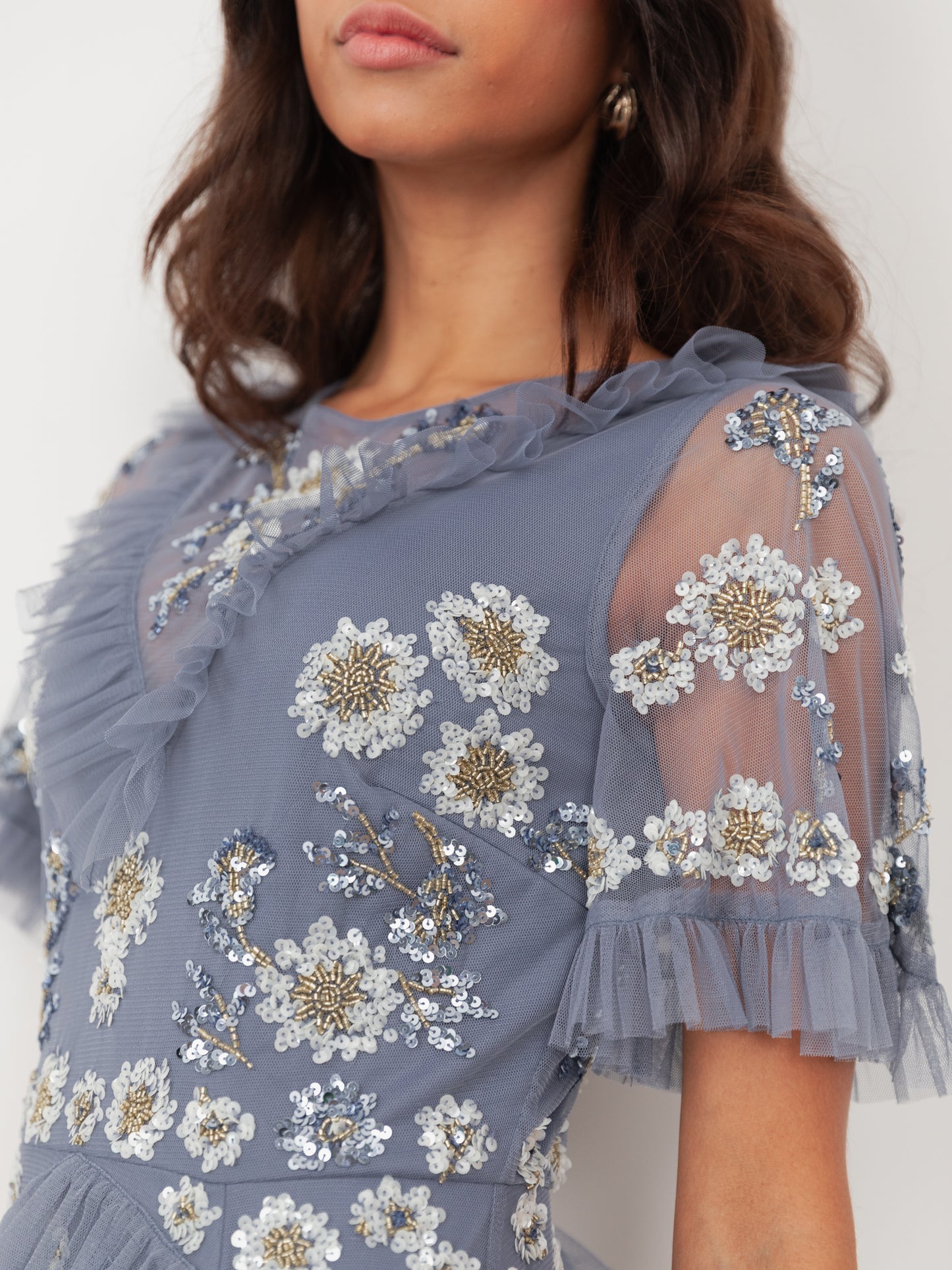 Maya Infinity Blue Embellished Angel Sleeve Ruffled Maxi Dress