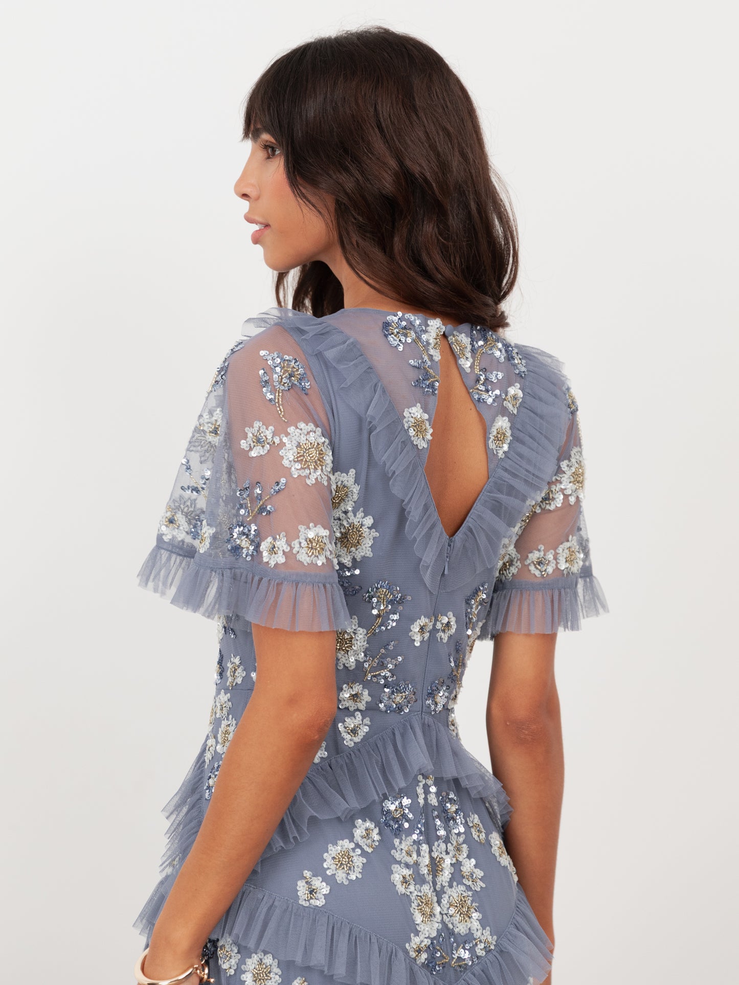 Maya Infinity Blue Embellished Angel Sleeve Ruffled Maxi Dress