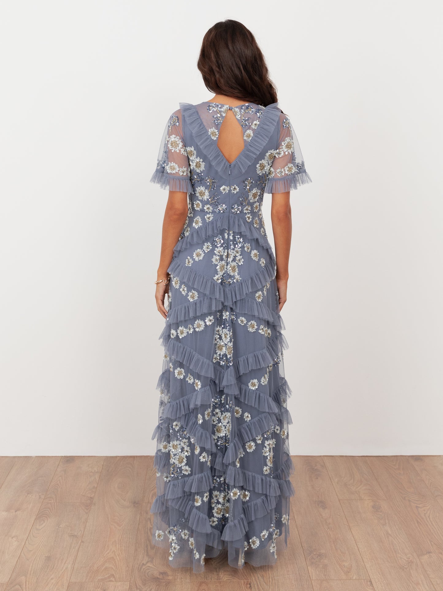 Maya Infinity Blue Embellished Angel Sleeve Ruffled Maxi Dress