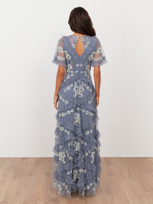 Maya Infinity Blue Embellished Angel Sleeve Ruffled Maxi Dress