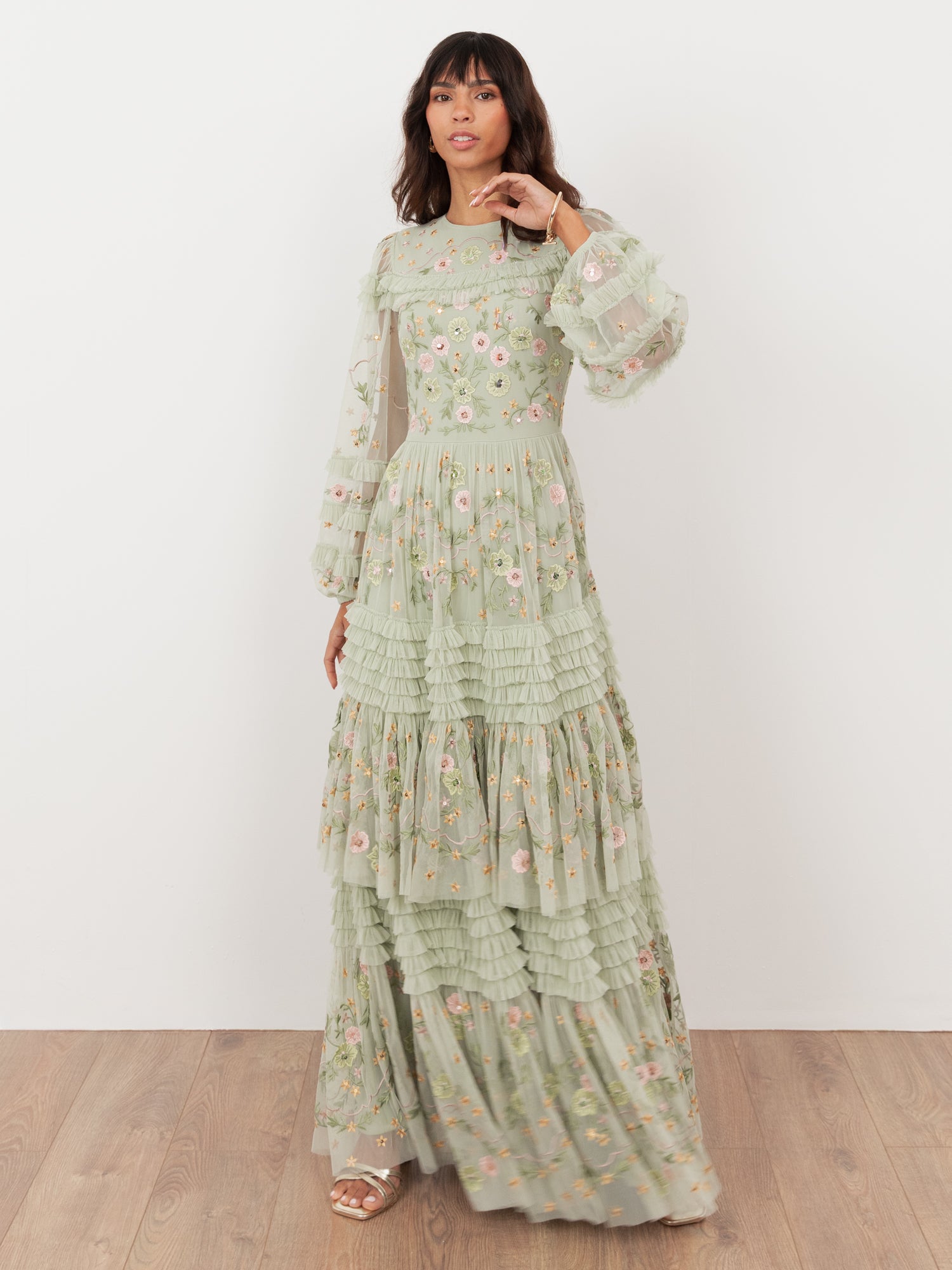 Maya Meadow Green Floral Embroidered Maxi Sleeve Maxi Dress with Frill Maya Deluxe Maya Meadow Green Floral Embroidered Maxi Sleeve Maxi Dress with Frill Maya Deluxe