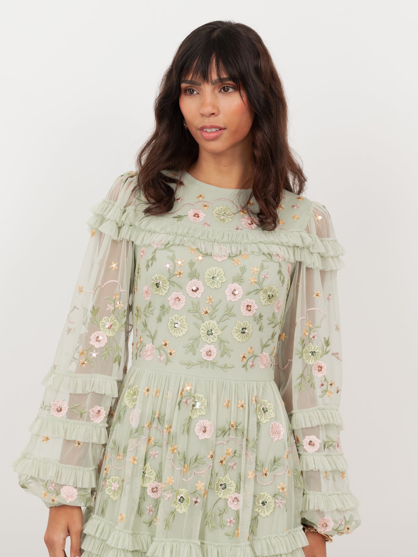 Maya Meadow Green Floral Embroidered Maxi Sleeve Maxi Dress with Frill & Sequin Detail