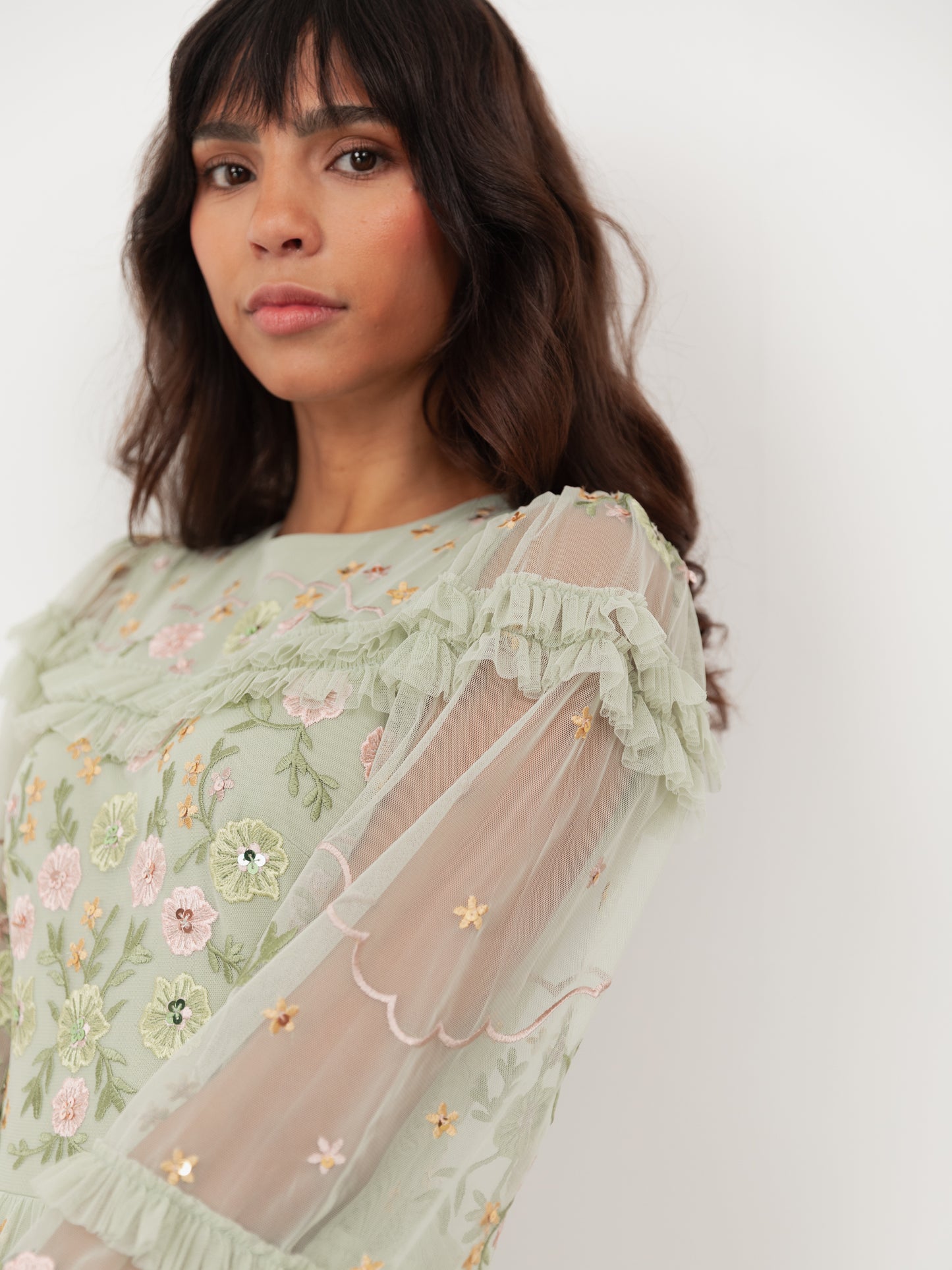 Maya Meadow Green Floral Embroidered Maxi Sleeve Maxi Dress with Frill & Sequin Detail