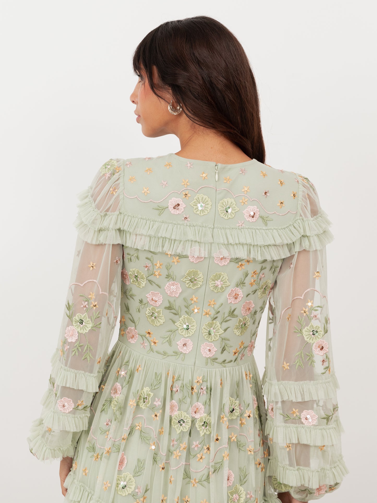 Maya Meadow Green Floral Embroidered Maxi Sleeve Maxi Dress with Frill & Sequin Detail