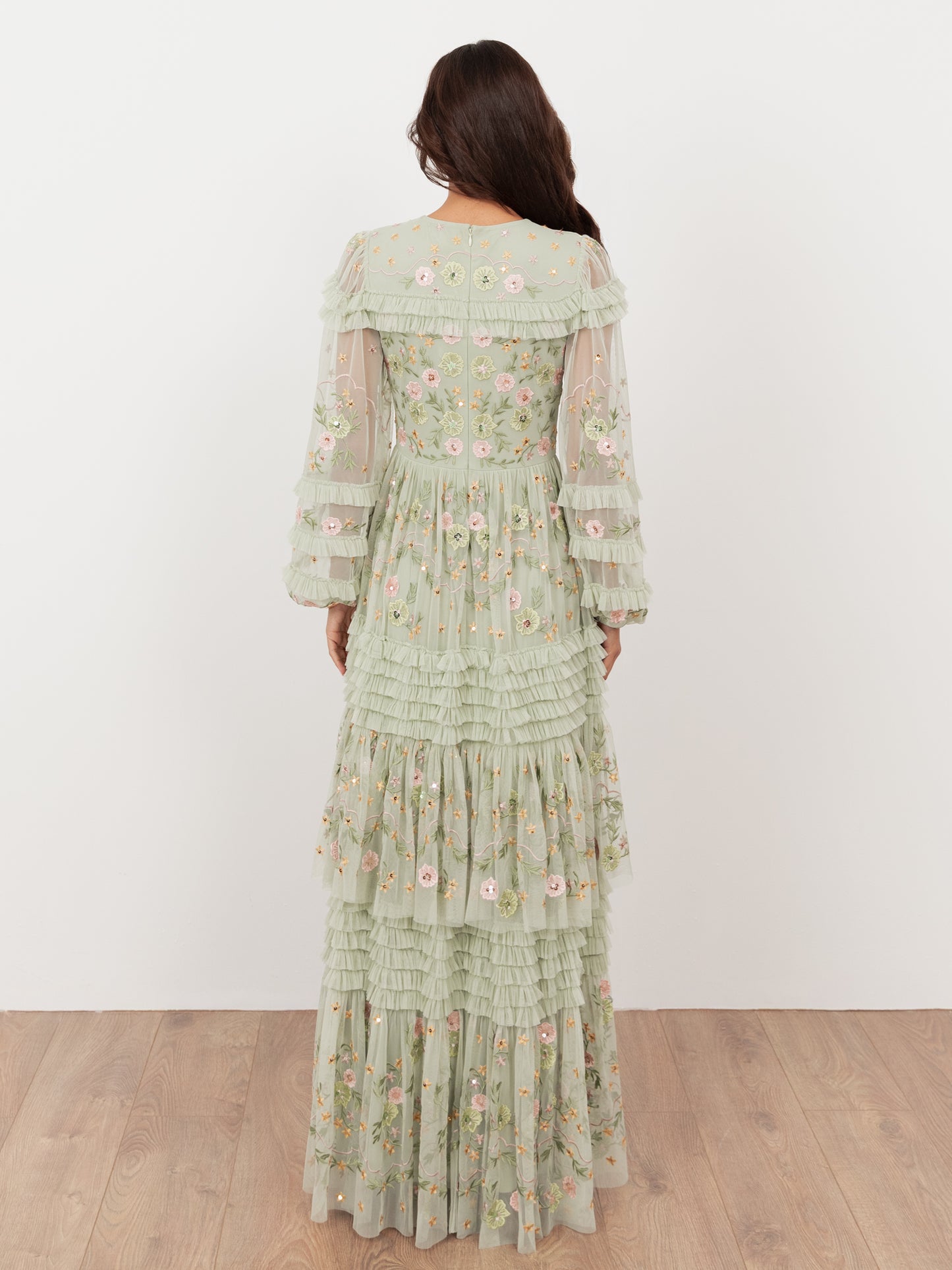 Maya Meadow Green Floral Embroidered Maxi Sleeve Maxi Dress with Frill & Sequin Detail