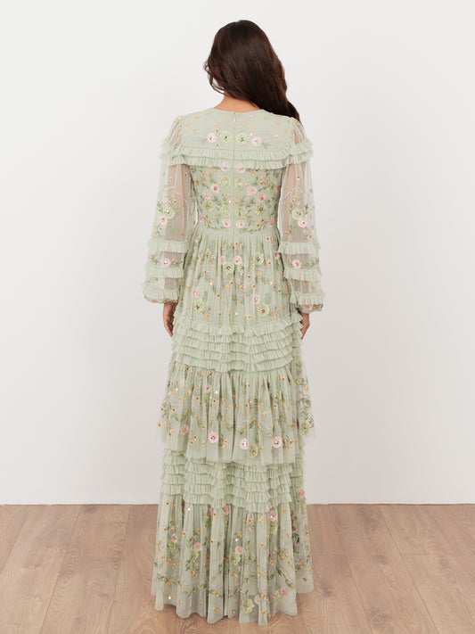 Maya Meadow Green Floral Embroidered Maxi Sleeve Maxi Dress with Frill & Sequin Detail