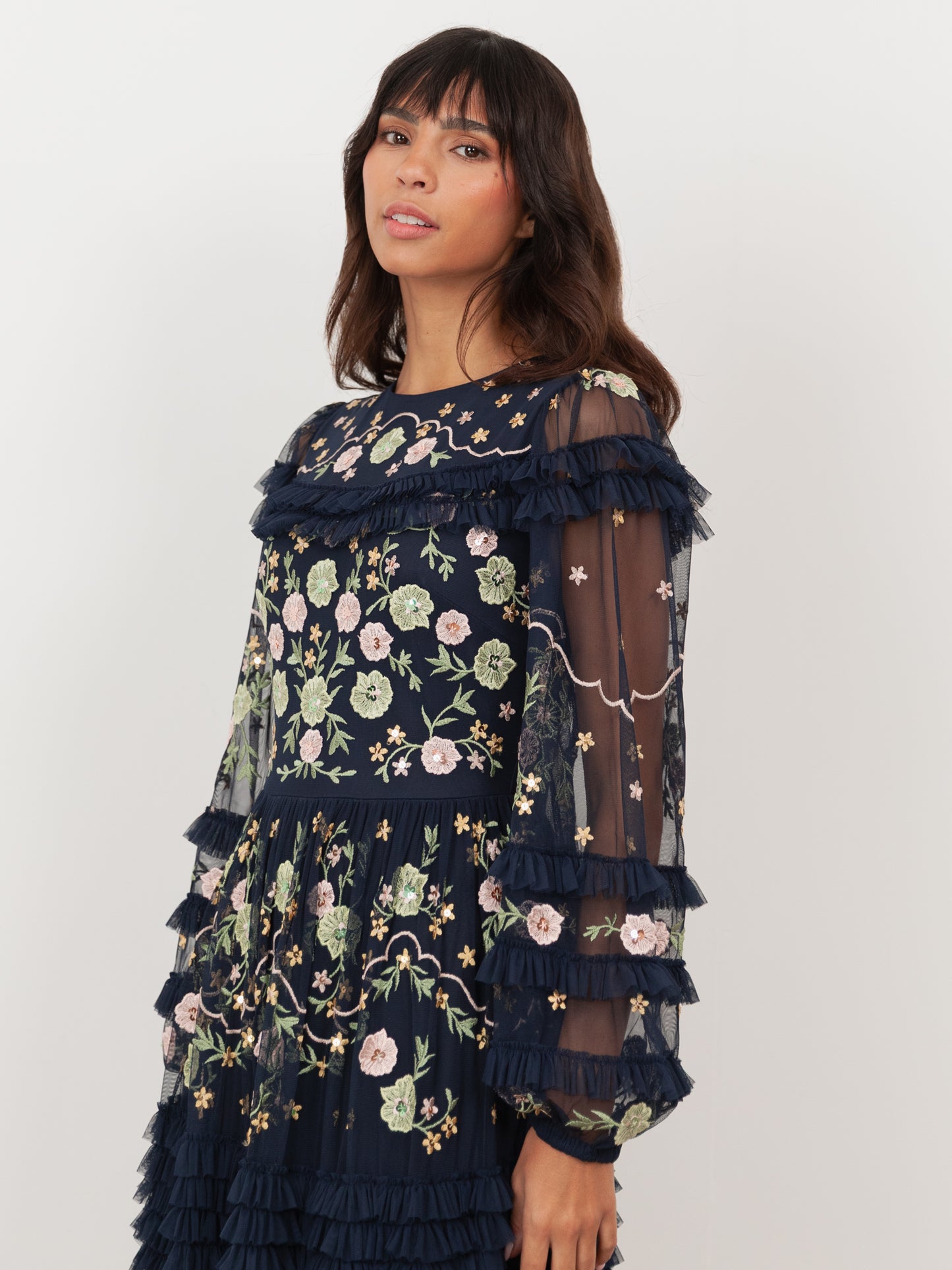 Maya Navy Floral Embroidered Maxi Sleeve Maxi Dress with Frill & Sequin Detail