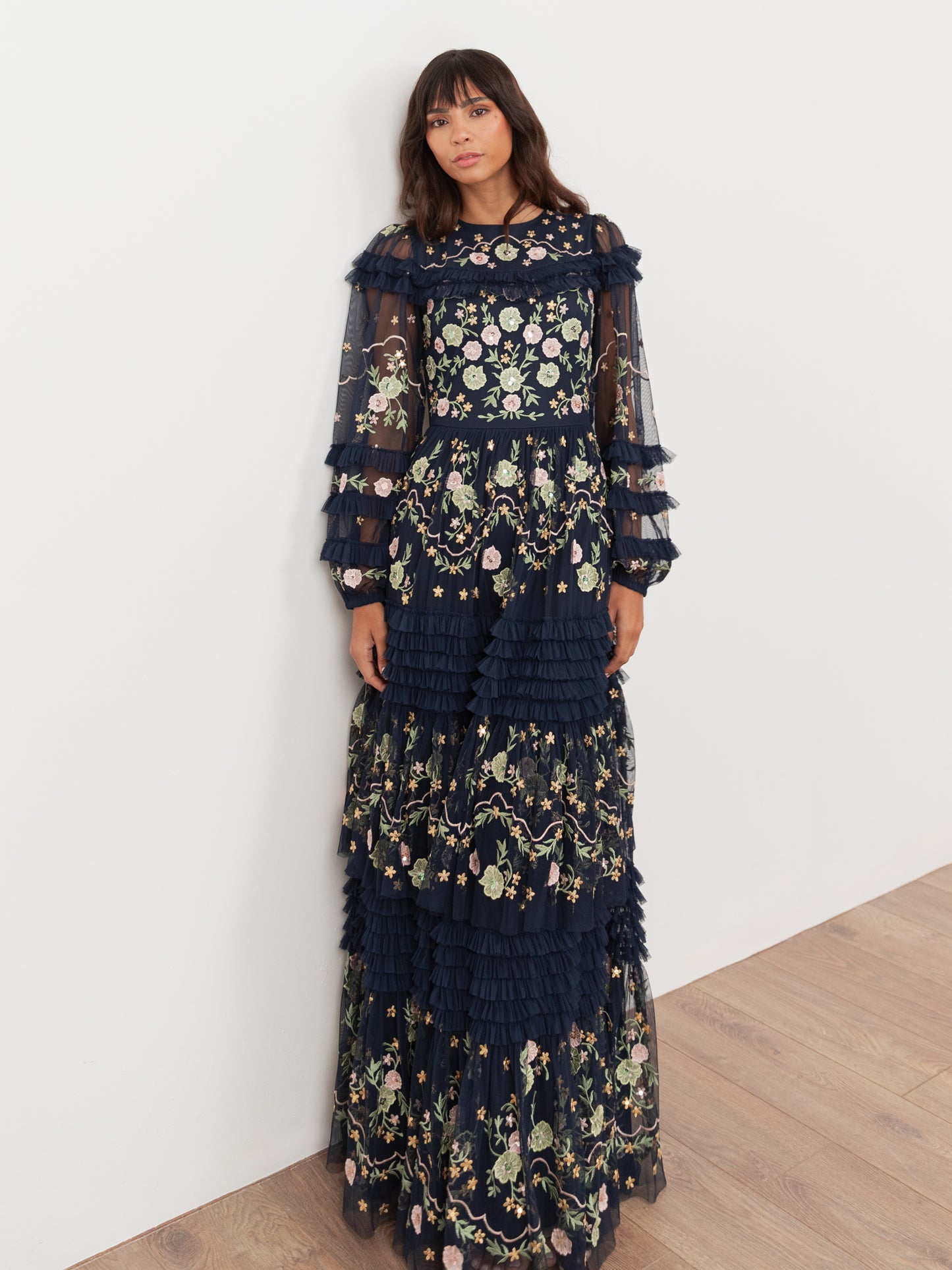 Maya Navy Floral Embroidered Maxi Sleeve Maxi Dress with Frill & Sequin Detail