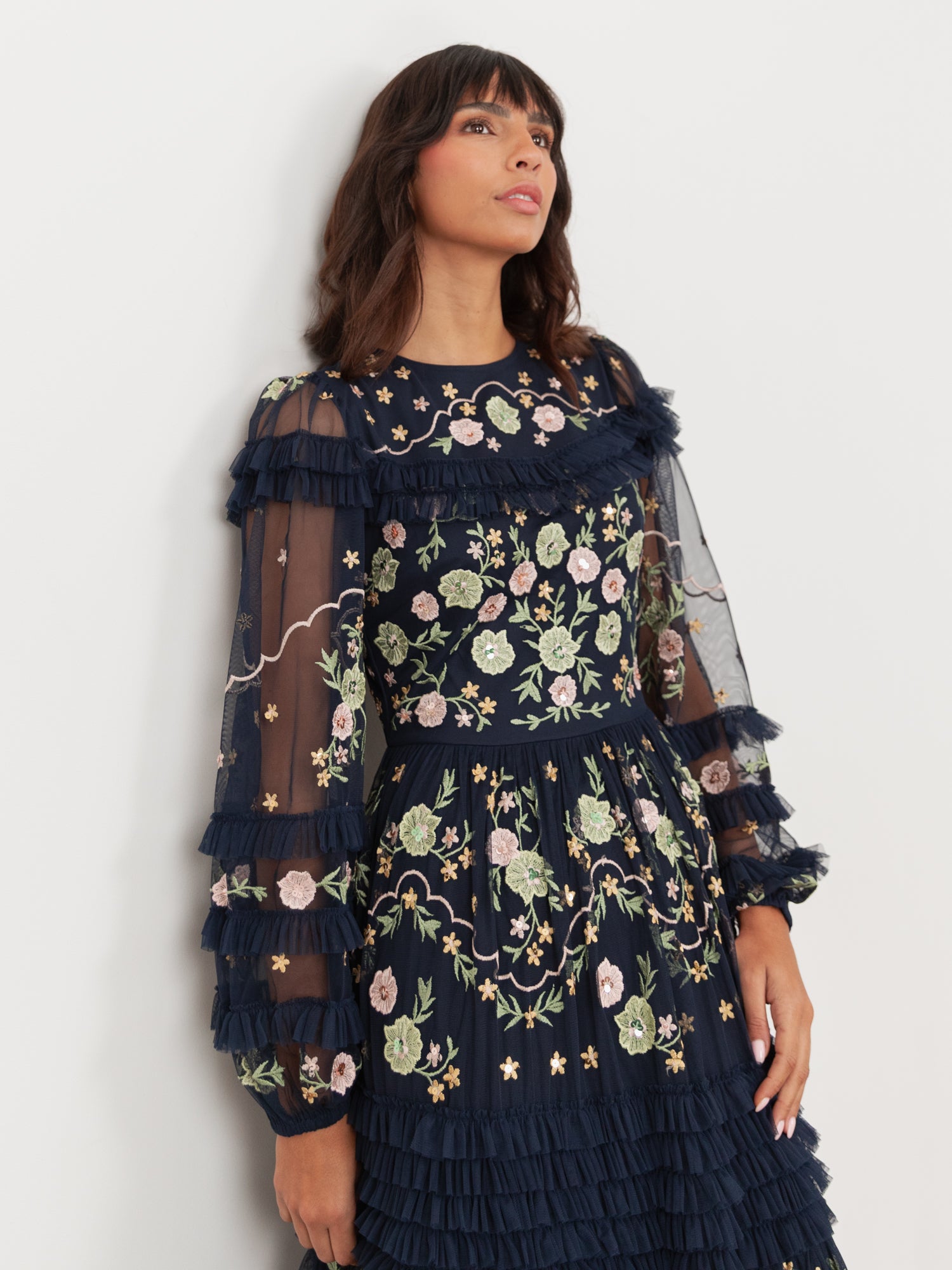 Maya Navy Floral Embroidered Maxi Sleeve Maxi Dress with Frill & Sequi Maya Deluxe Maya Navy Floral Embroidered Maxi Sleeve Maxi Dress with Frill & Sequi Maya Deluxe