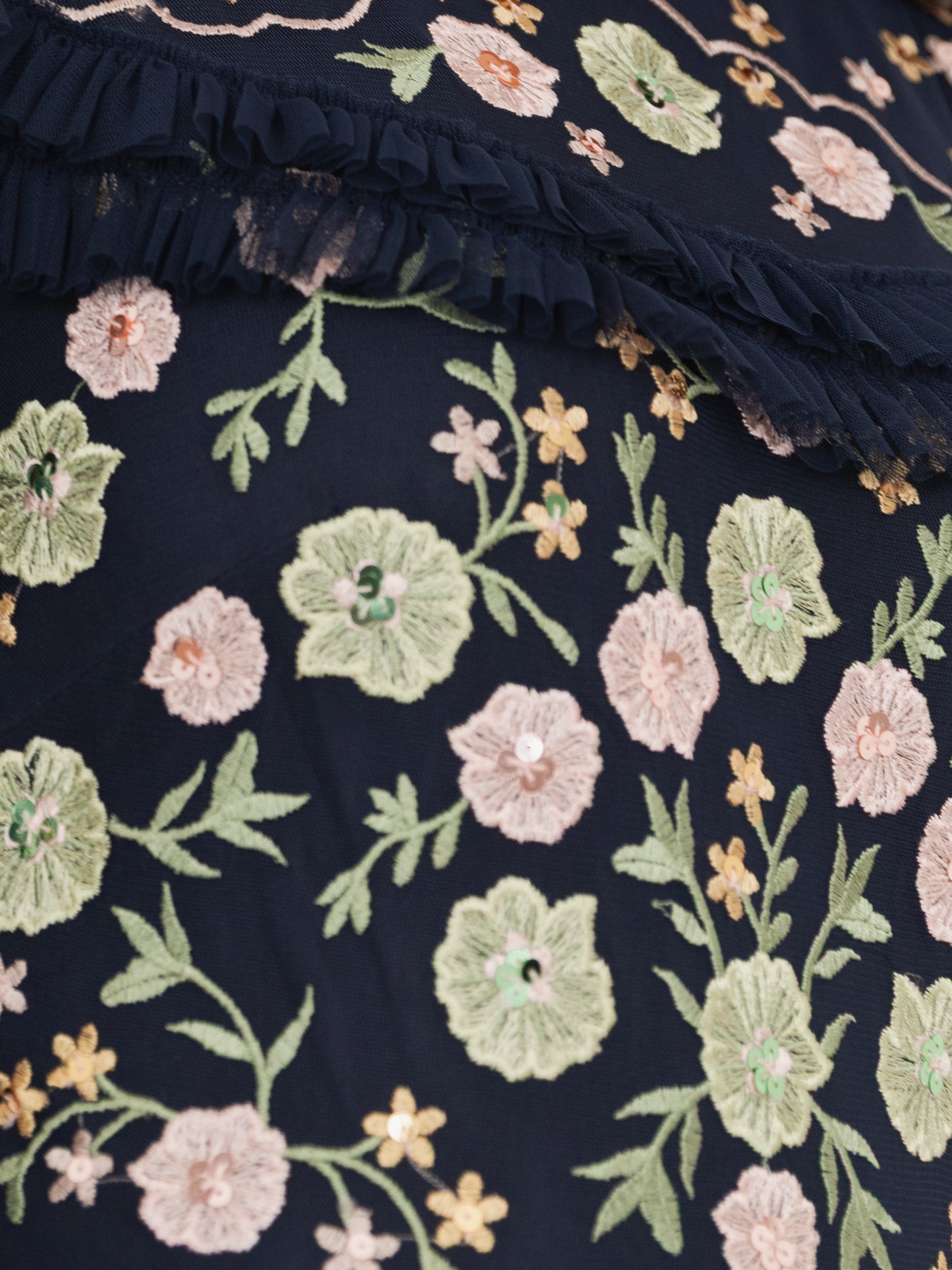 Maya Navy Floral Embroidered Maxi Sleeve Maxi Dress with Frill & Sequin Detail