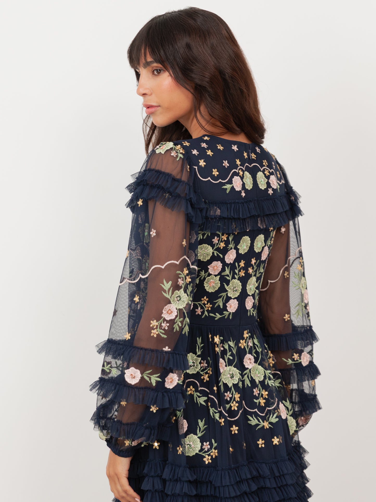 Maya Navy Floral Embroidered Maxi Sleeve Maxi Dress with Frill & Sequin Detail