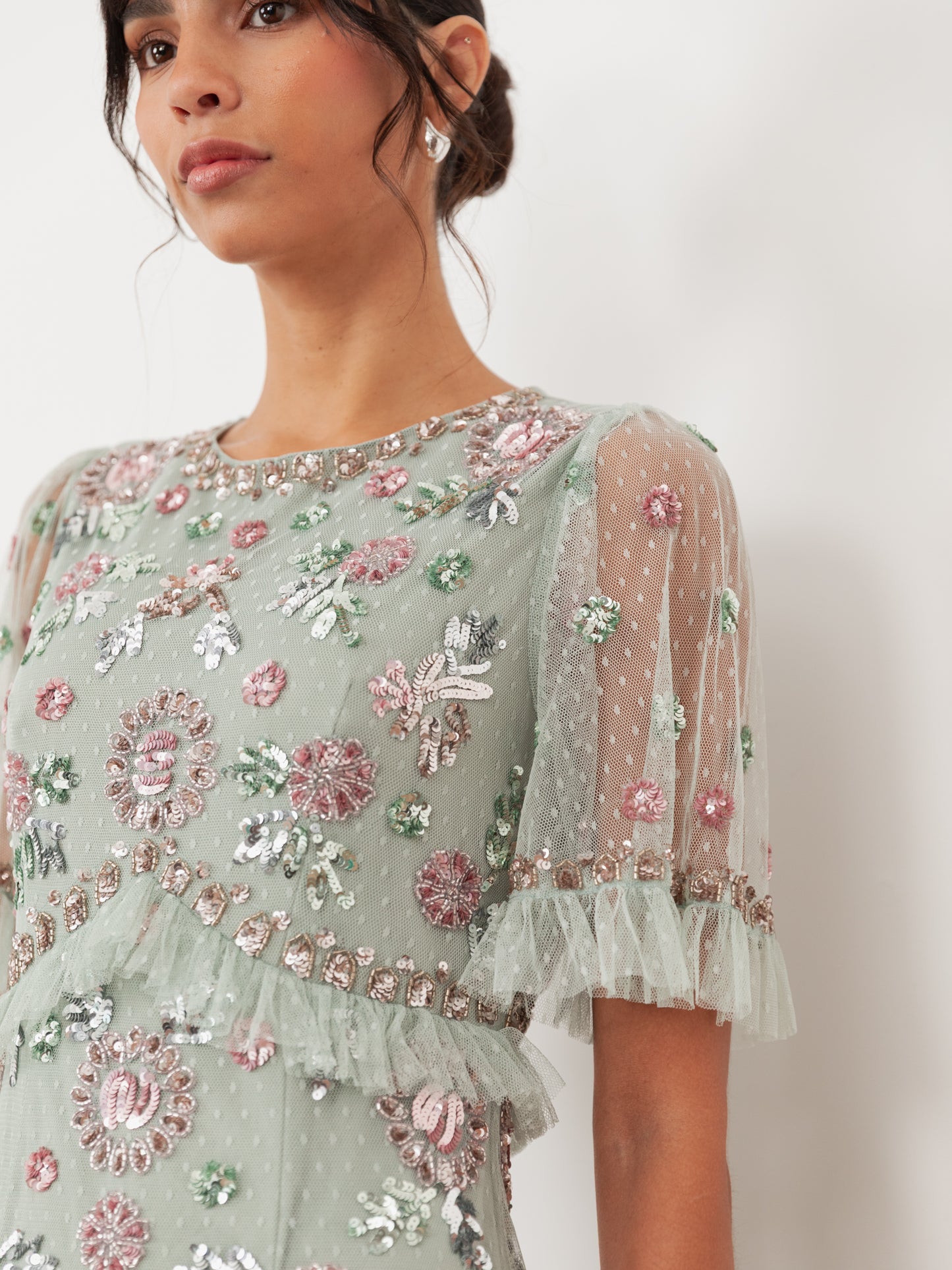 Maya Sage Green Embellished Short Sleeve Spot Mesh Maxi Dress